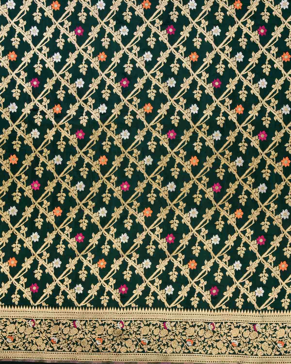 Forest Green Banarasi Gold & Silver Zari Floral Jaal Cutwork Brocade Handwoven Katan Silk Saree-HolyWeaves