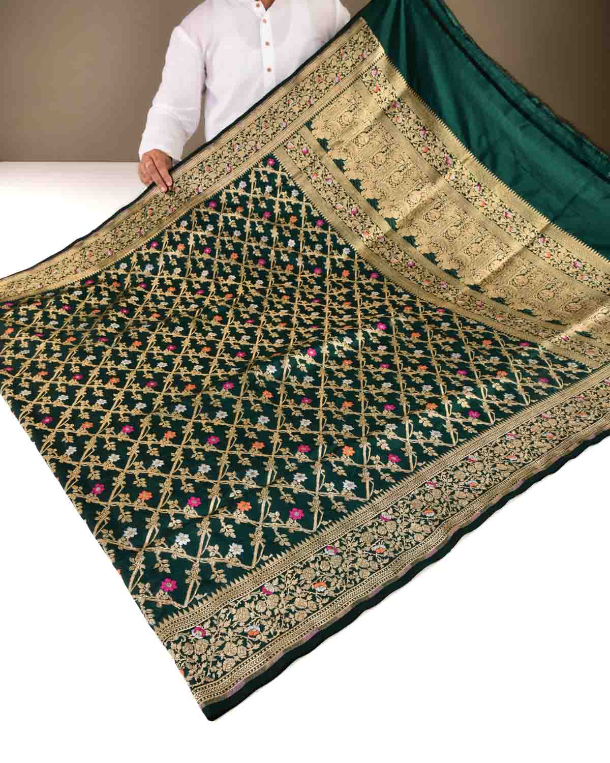 Forest Green Banarasi Gold & Silver Zari Floral Jaal Cutwork Brocade Handwoven Katan Silk Saree-HolyWeaves