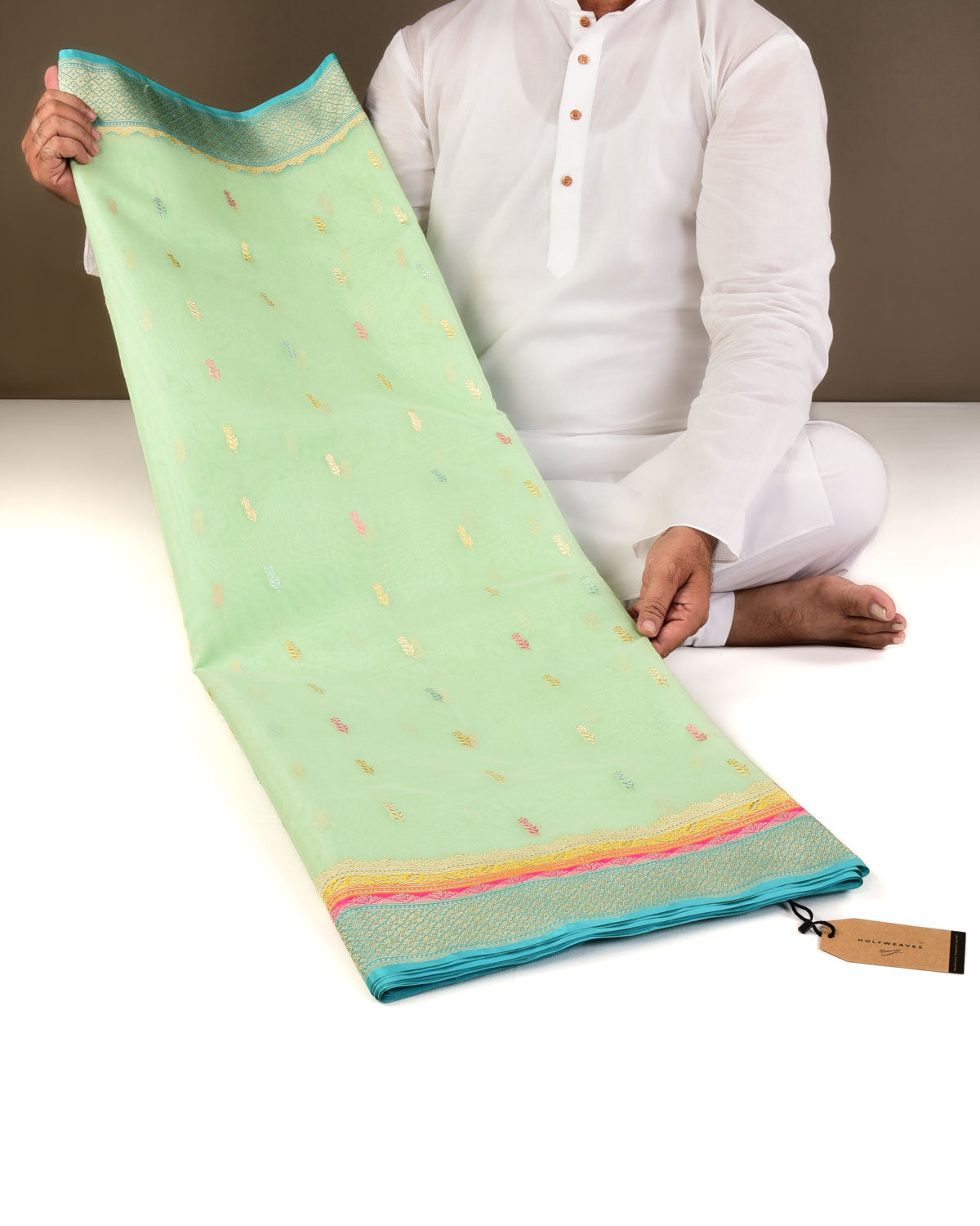 Sage Green Banarasi Colored Buti Kadhuan Brocade Handwoven Kora Silk Saree-HolyWeaves