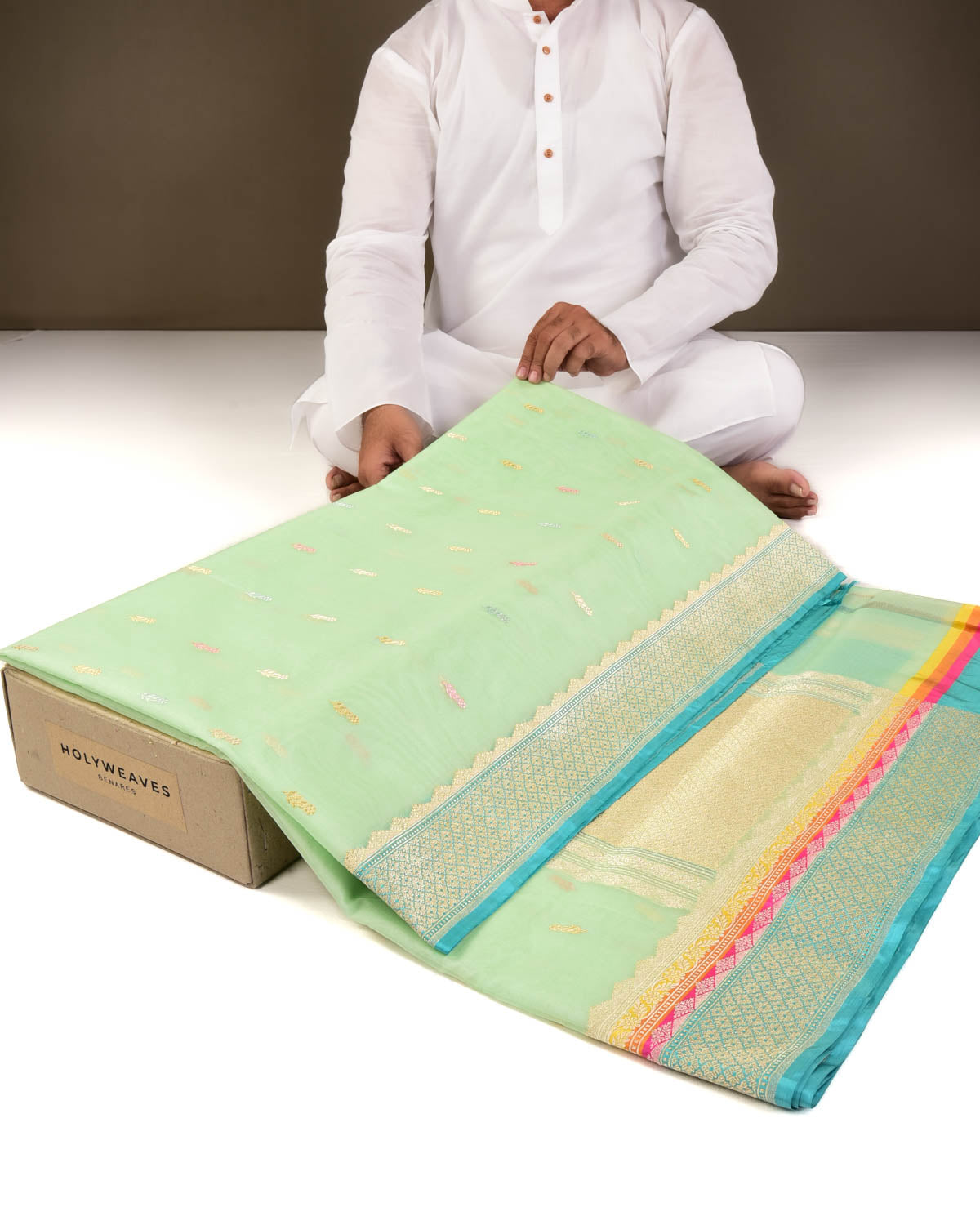 Sage Green Banarasi Colored Buti Kadhuan Brocade Handwoven Kora Silk Saree-HolyWeaves