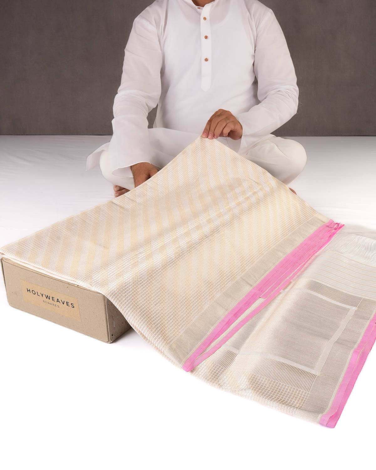 White Banarasi Gold & Silver Zari Chequered Grids Diagonal Stripes Brocade Handwoven Katan Silk Saree with Pink Selvage-HolyWeaves