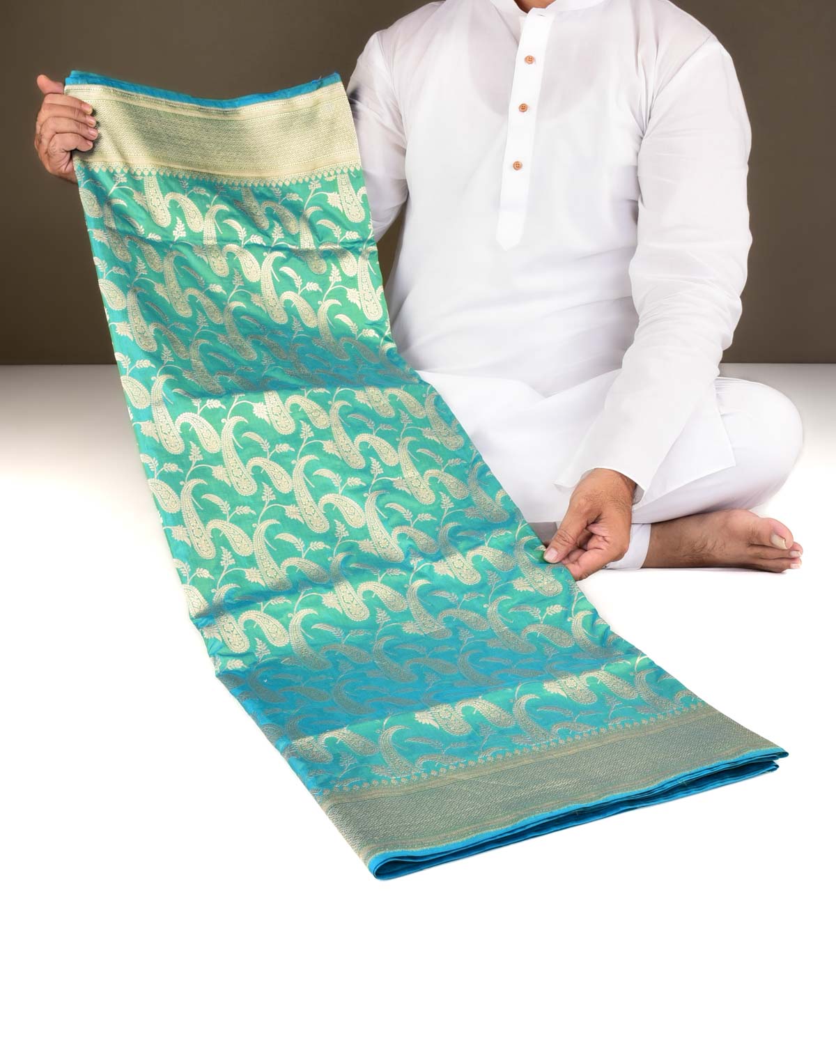 Shot Blue-Green Banarasi Gold Zari Paisley Jaal Cutwork Brocade Handwoven Katan Silk Saree-HolyWeaves