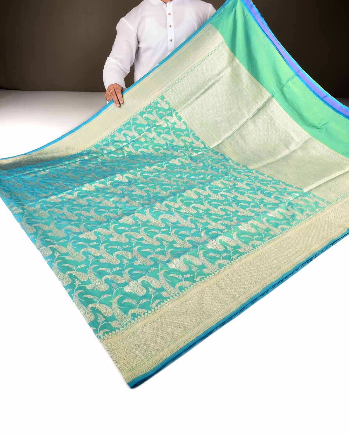 Shot Blue-Green Banarasi Gold Zari Paisley Jaal Cutwork Brocade Handwoven Katan Silk Saree-HolyWeaves