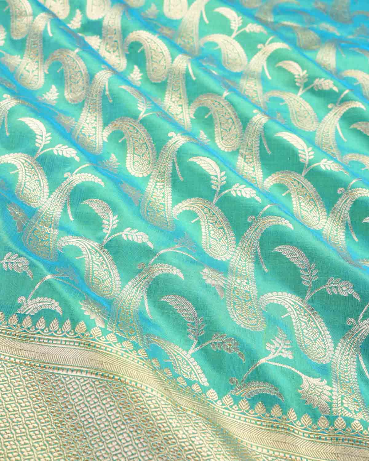 Shot Blue-Green Banarasi Gold Zari Paisley Jaal Cutwork Brocade Handwoven Katan Silk Saree-HolyWeaves