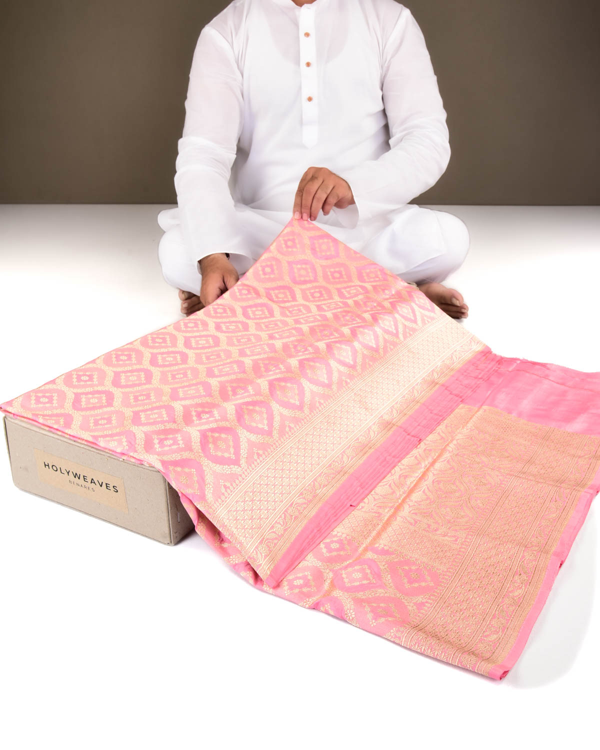 Pink Banarasi Gold Zari Jangla Cutwork Brocade Handwoven Katan Silk Saree-HolyWeaves