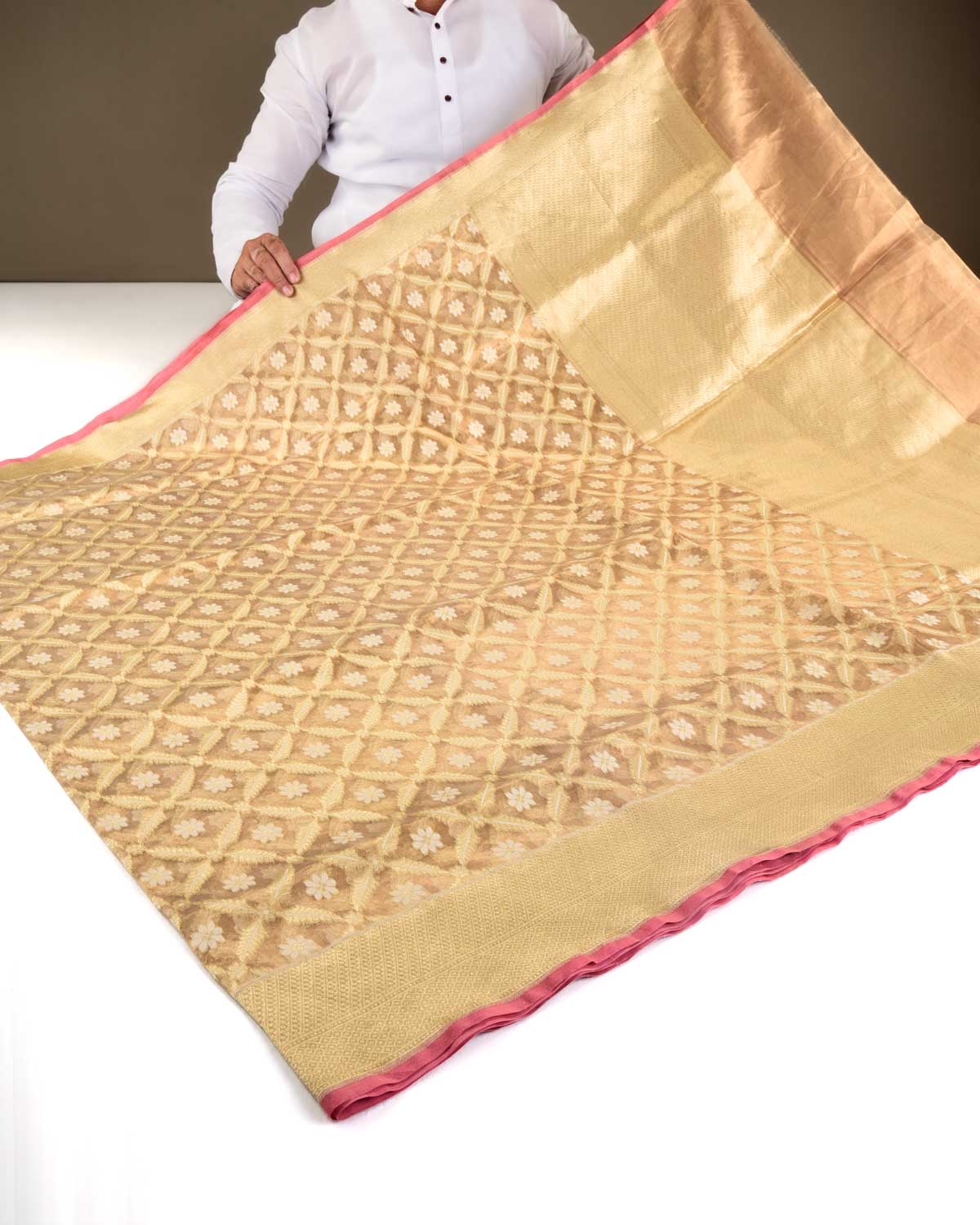 Metallic Gold Banarasi Gold Zari Jaal Cutwork Brocade Handwoven Kora Tissue Saree-HolyWeaves