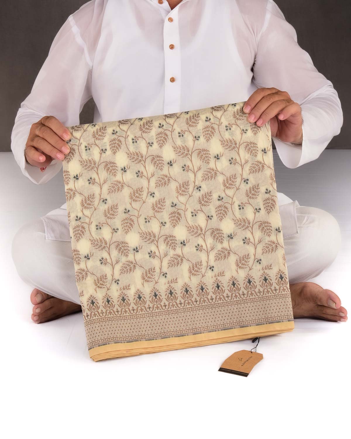 Beige On Cream Banarasi Resham Leaf Jaal Cutwork Brocade Woven Art Cotton Silk Saree-HolyWeaves