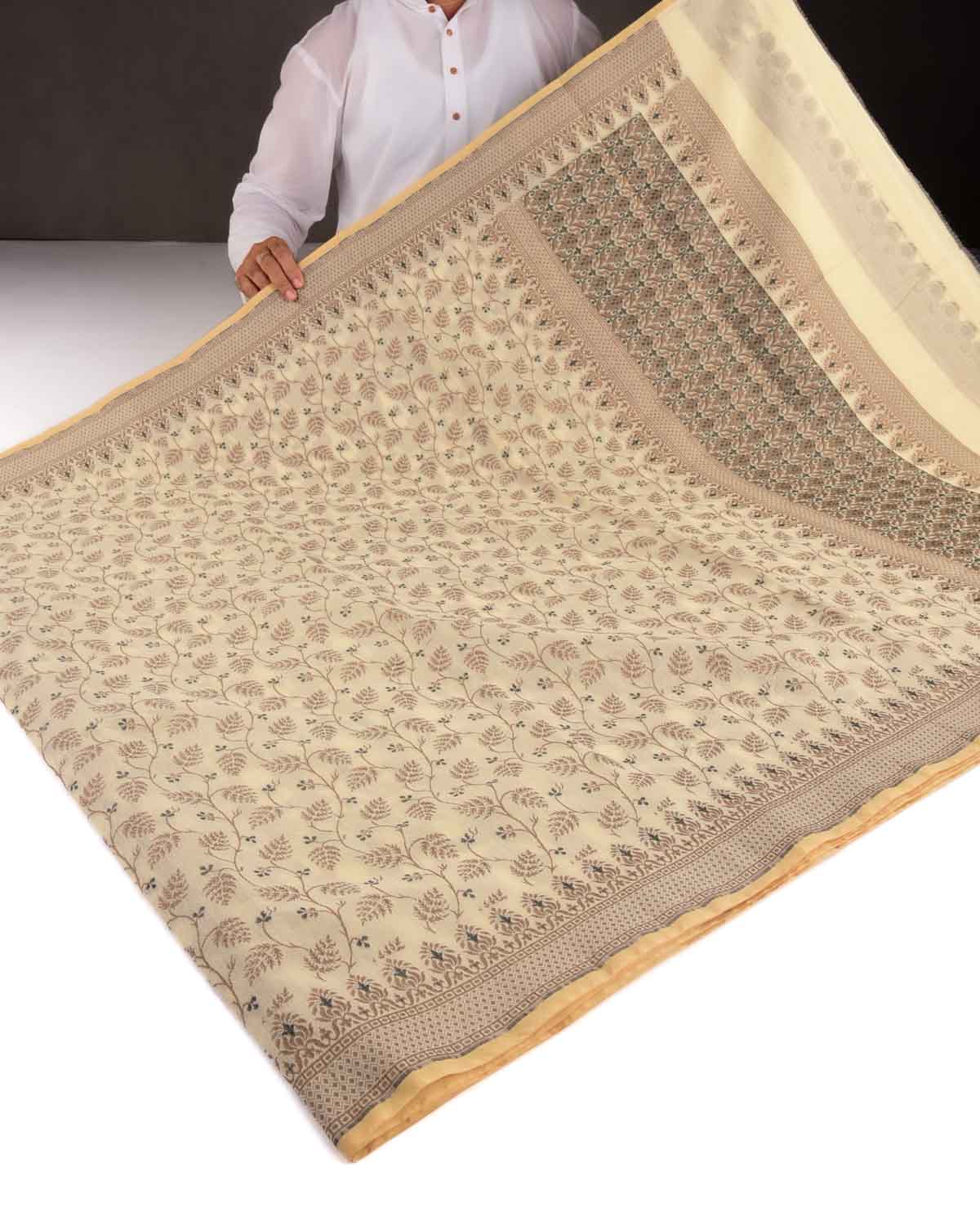 Beige On Cream Banarasi Resham Leaf Jaal Cutwork Brocade Woven Art Cotton Silk Saree-HolyWeaves