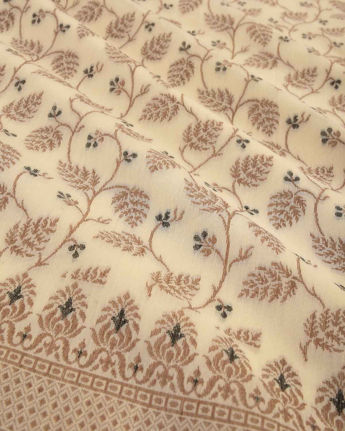 Beige On Cream Banarasi Resham Leaf Jaal Cutwork Brocade Woven Art Cotton Silk Saree-HolyWeaves