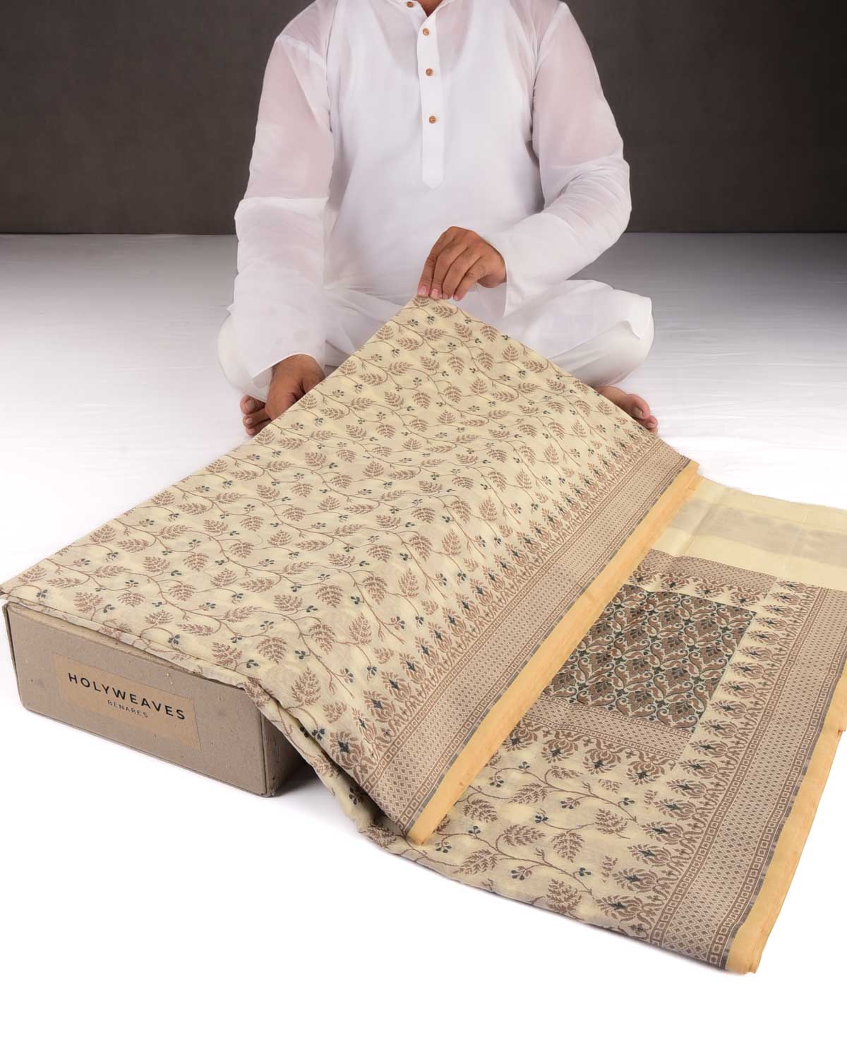 Beige On Cream Banarasi Resham Leaf Jaal Cutwork Brocade Woven Art Cotton Silk Saree-HolyWeaves