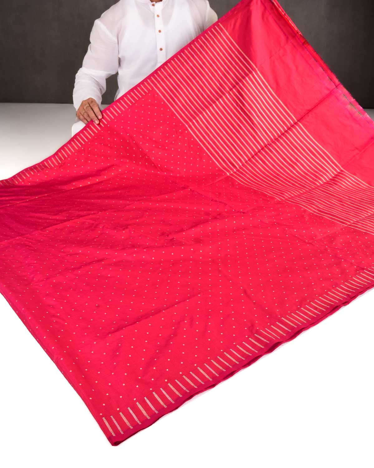 Shot Red Pink Banarasi Gold & Silver Zari Polka Buti Cutwork Brocade Handwoven Katan Silk Saree-HolyWeaves