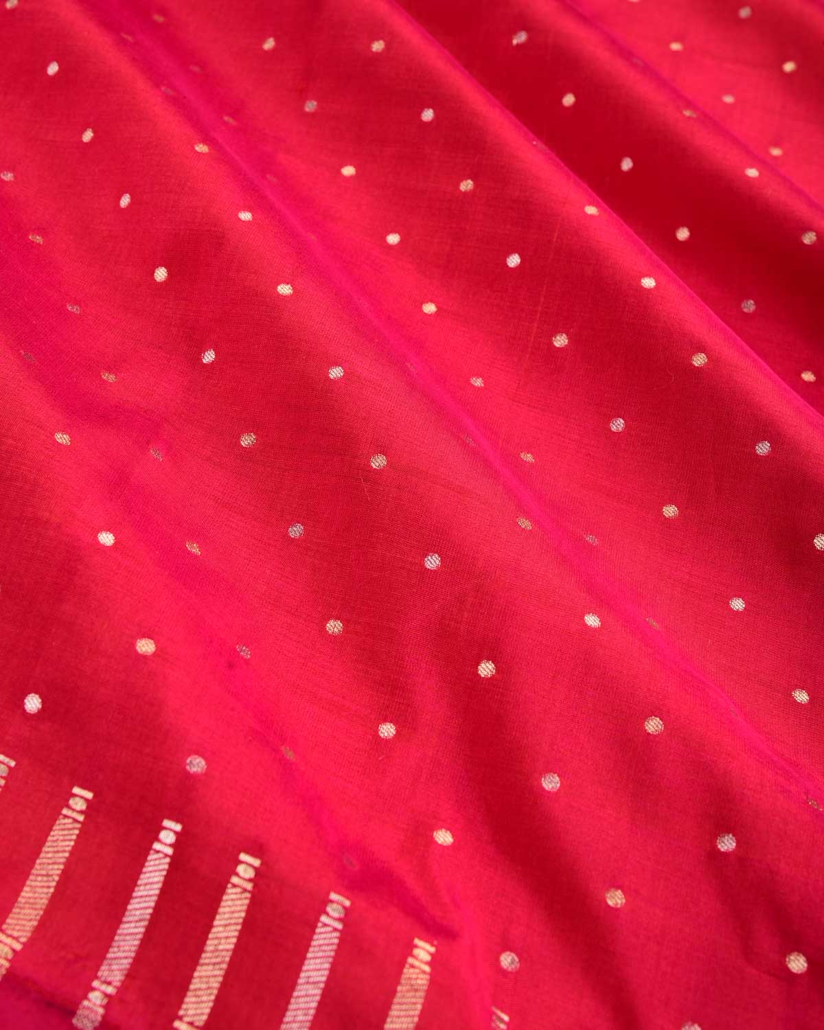 Shot Red Pink Banarasi Gold & Silver Zari Polka Buti Cutwork Brocade Handwoven Katan Silk Saree-HolyWeaves