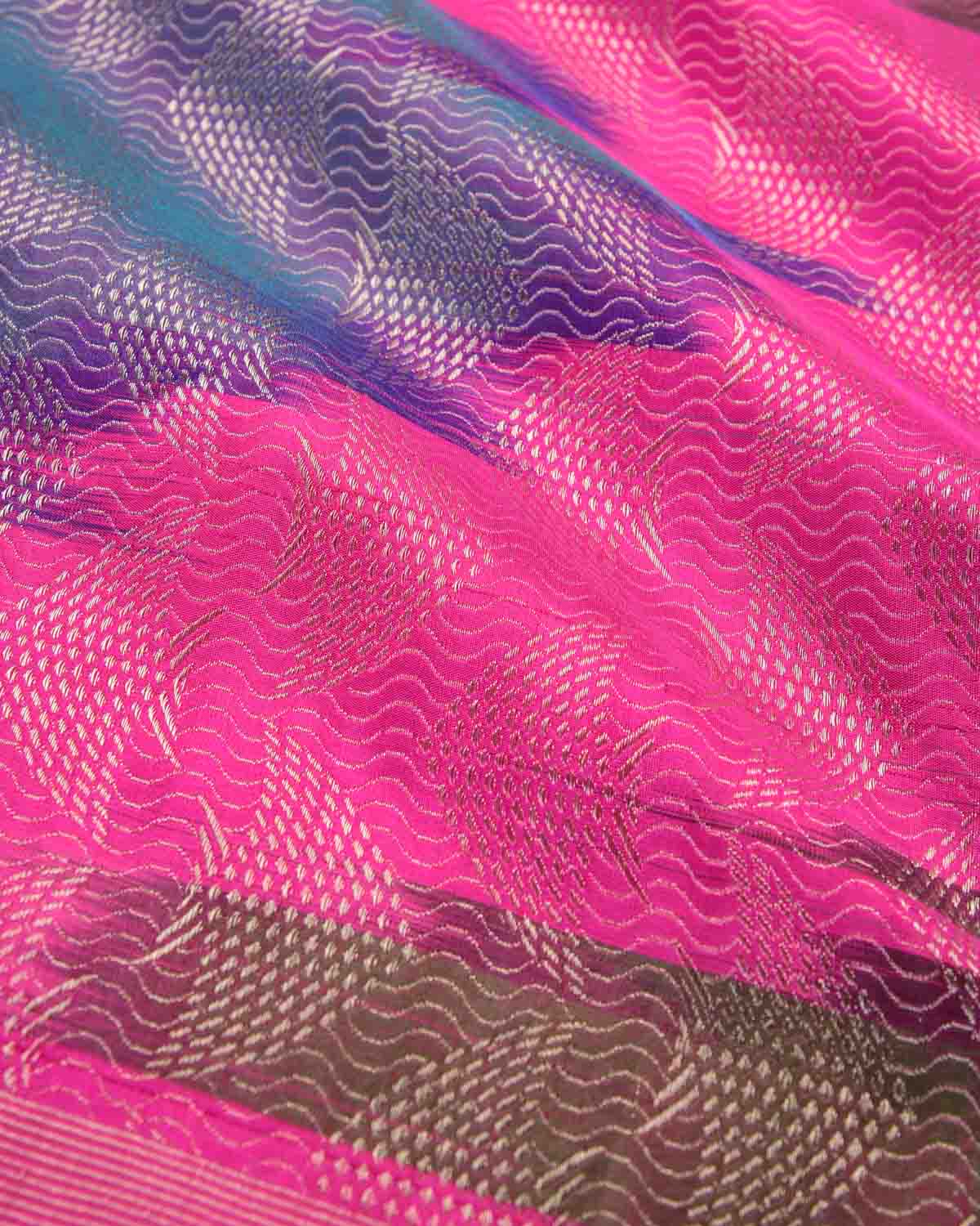 Vibgyor Pink Banarasi Rainbow Sea Silver Zari "Pisces" Brocade Handwoven Katan Silk Saree-HolyWeaves