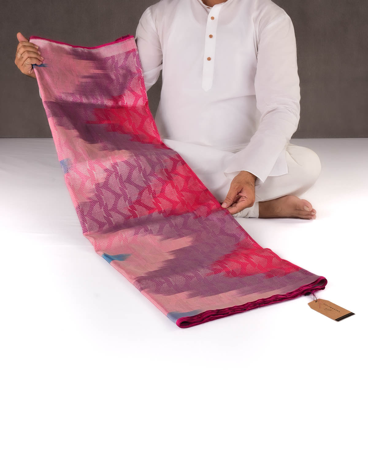 Vibgyor Pink Banarasi Rainbow Sea Silver Zari "Pisces" Brocade Handwoven Katan Silk Saree-HolyWeaves