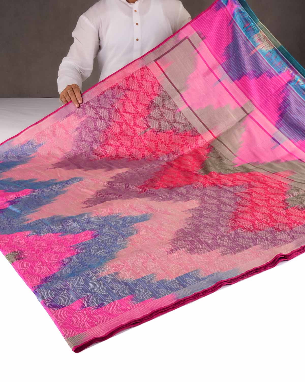 Vibgyor Pink Banarasi Rainbow Sea Silver Zari "Pisces" Brocade Handwoven Katan Silk Saree-HolyWeaves