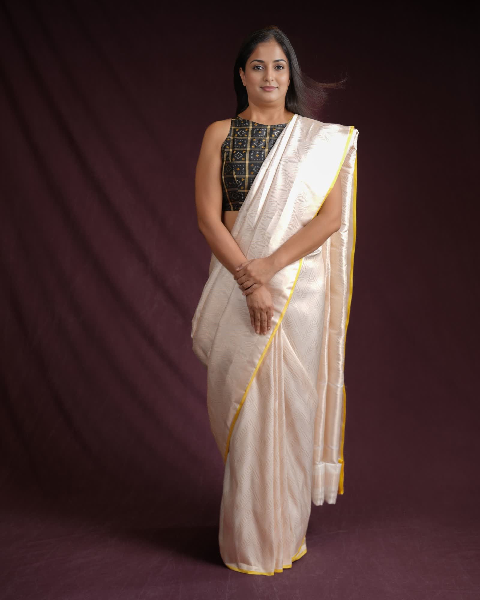 Cream Banarasi Gold Zari Glitch Chevron Brocade Handwoven Katan Silk Saree-HolyWeaves