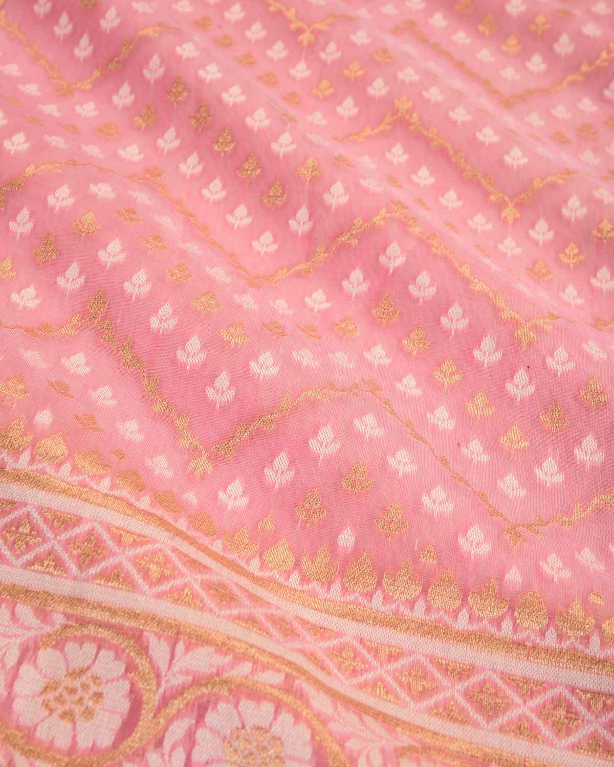 Pink Banarasi Gold Zari and White Resham Buti Cutwork Brocade Woven Art Cotton Silk Saree-HolyWeaves