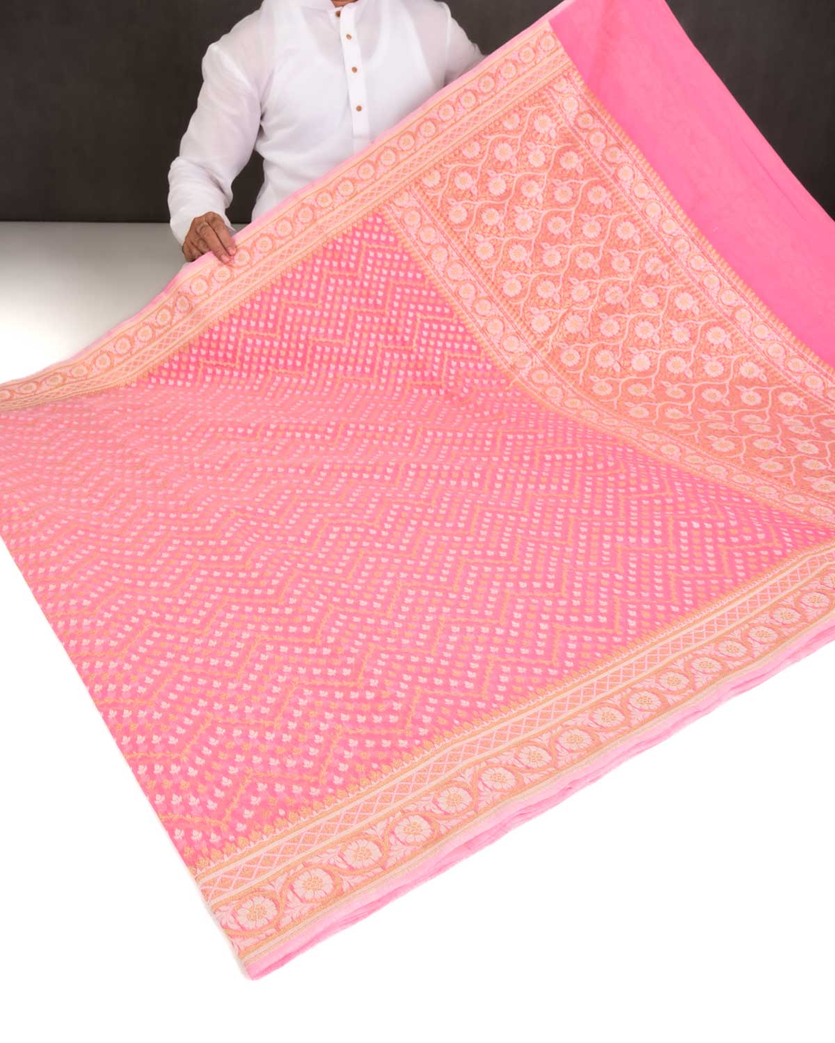 Pink Banarasi Gold Zari and White Resham Buti Cutwork Brocade Woven Art Cotton Silk Saree-HolyWeaves