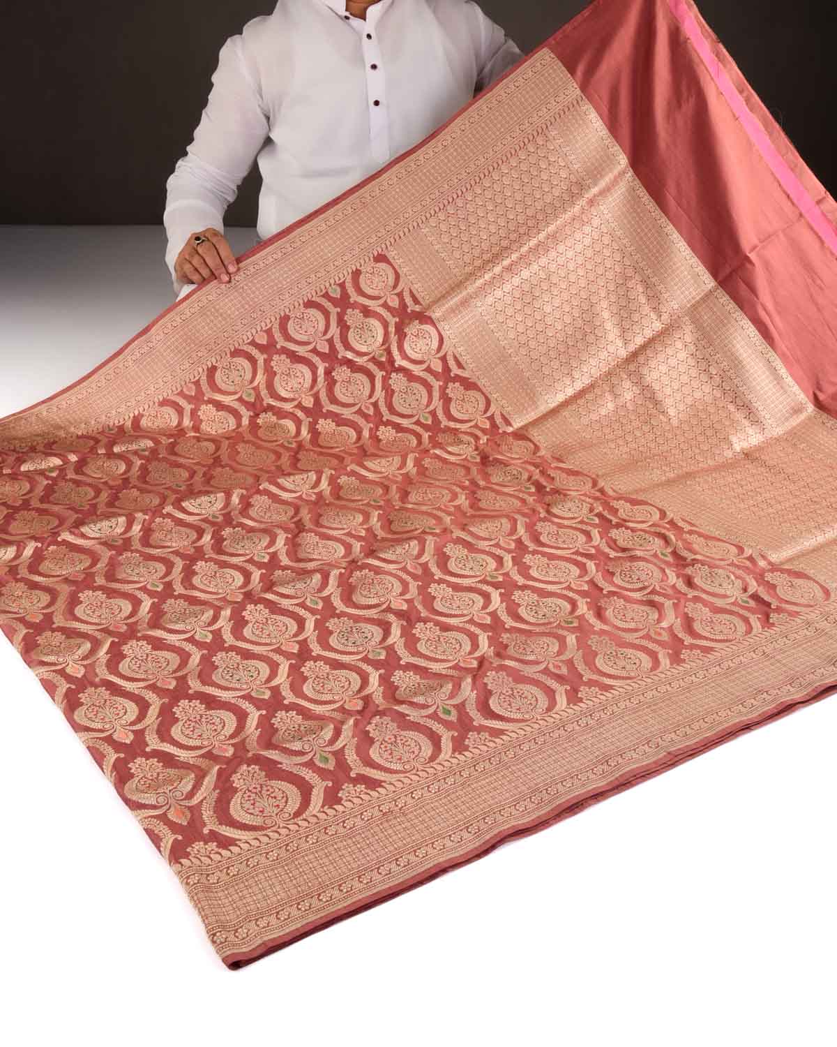 Tuscan Brown Banarasi Gold Zari And Meena Ottoman Damask Cutwork Brocade Handwoven Katan Silk Saree-HolyWeaves