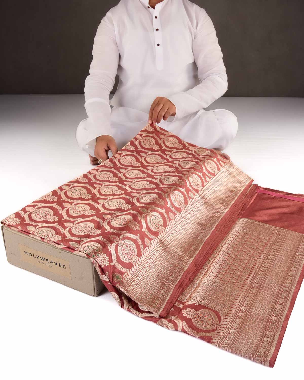 Tuscan Brown Banarasi Gold Zari And Meena Ottoman Damask Cutwork Brocade Handwoven Katan Silk Saree-HolyWeaves