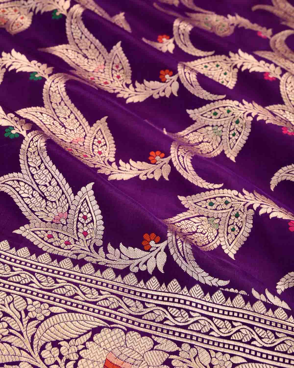 Purple Banarasi Gold Zari And Meena Paisley Jaal Cutwork Brocade Handwoven Katan Silk Saree-HolyWeaves