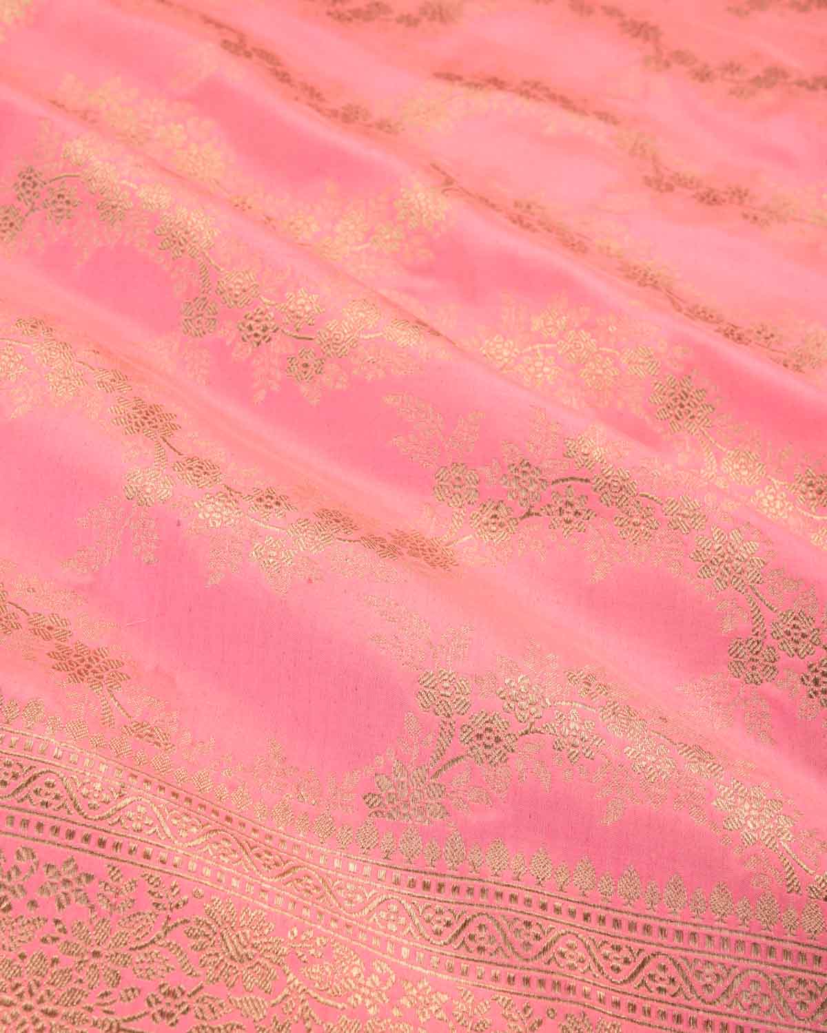 Pink Banarasi Gold Zari Waves Cutwork Brocade Handwoven Katan Silk Saree-HolyWeaves