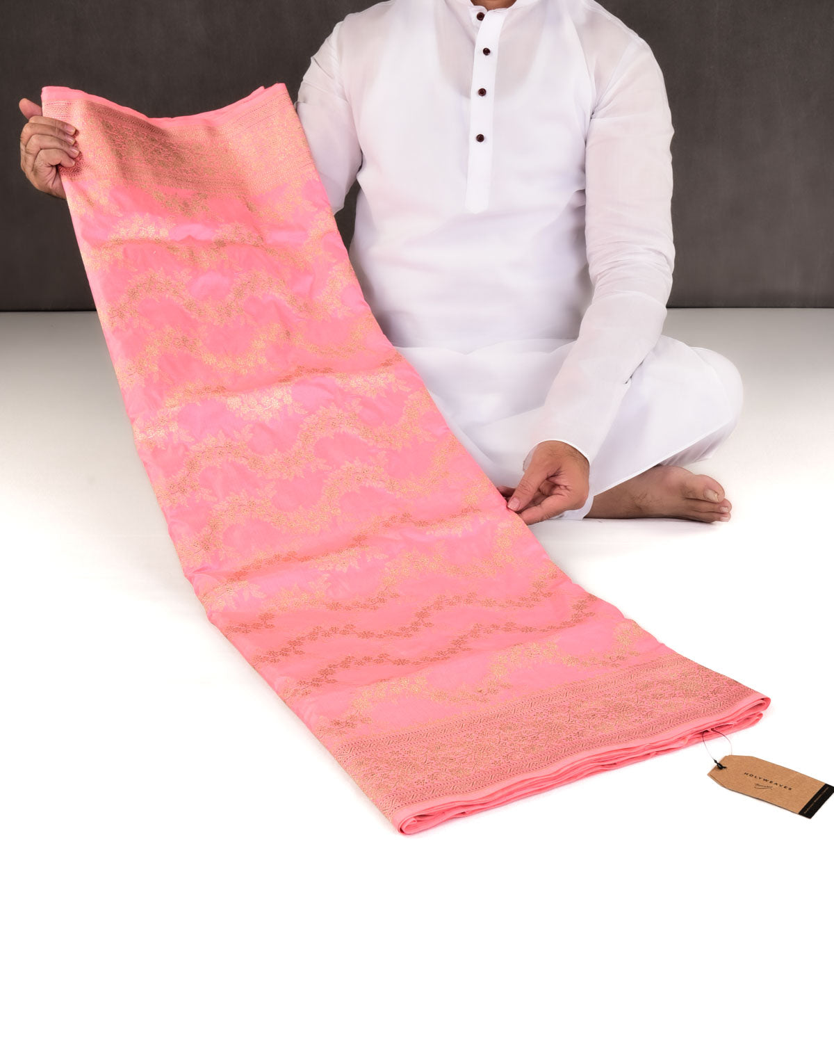 Pink Banarasi Gold Zari Waves Cutwork Brocade Handwoven Katan Silk Saree-HolyWeaves