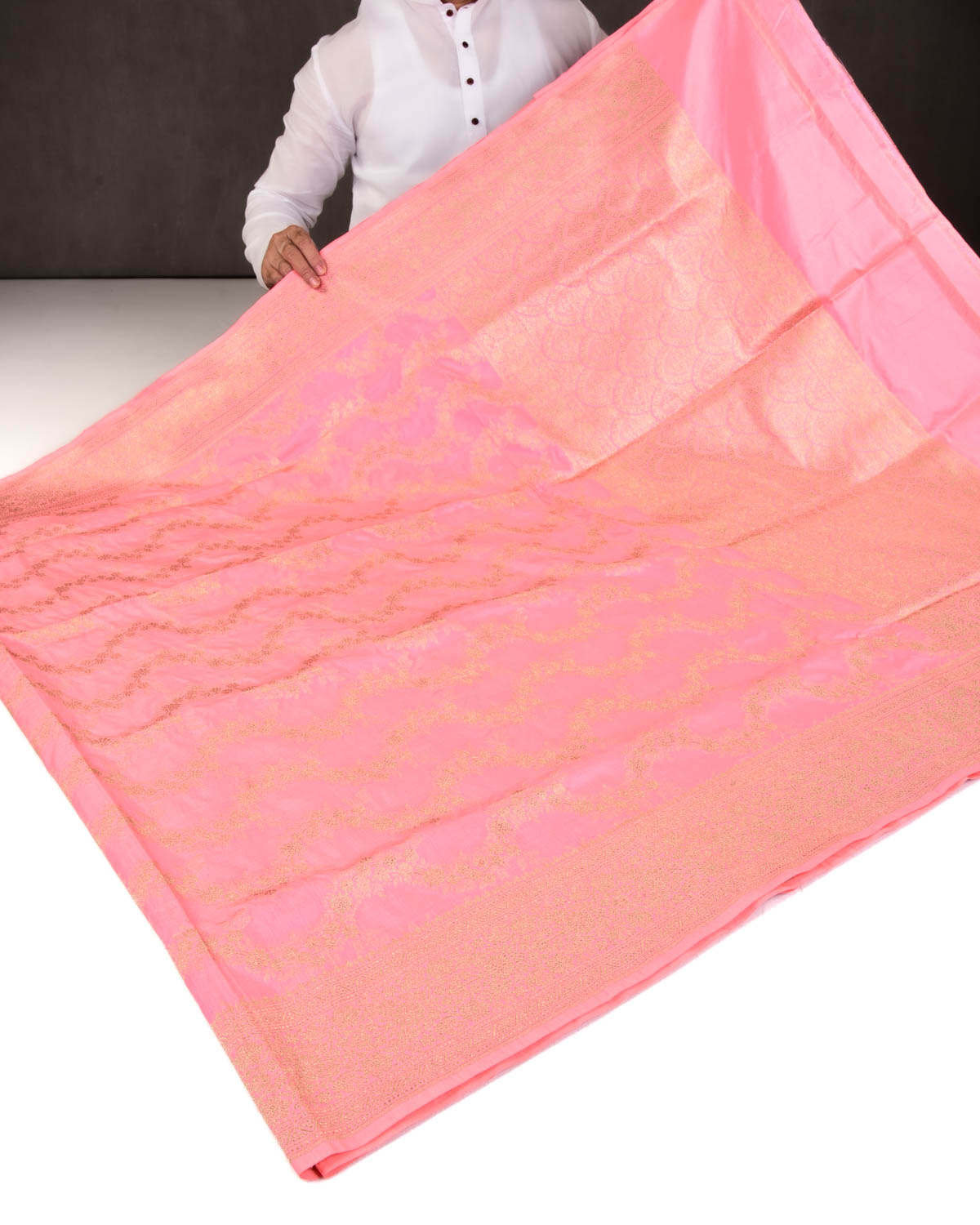 Pink Banarasi Gold Zari Waves Cutwork Brocade Handwoven Katan Silk Saree-HolyWeaves