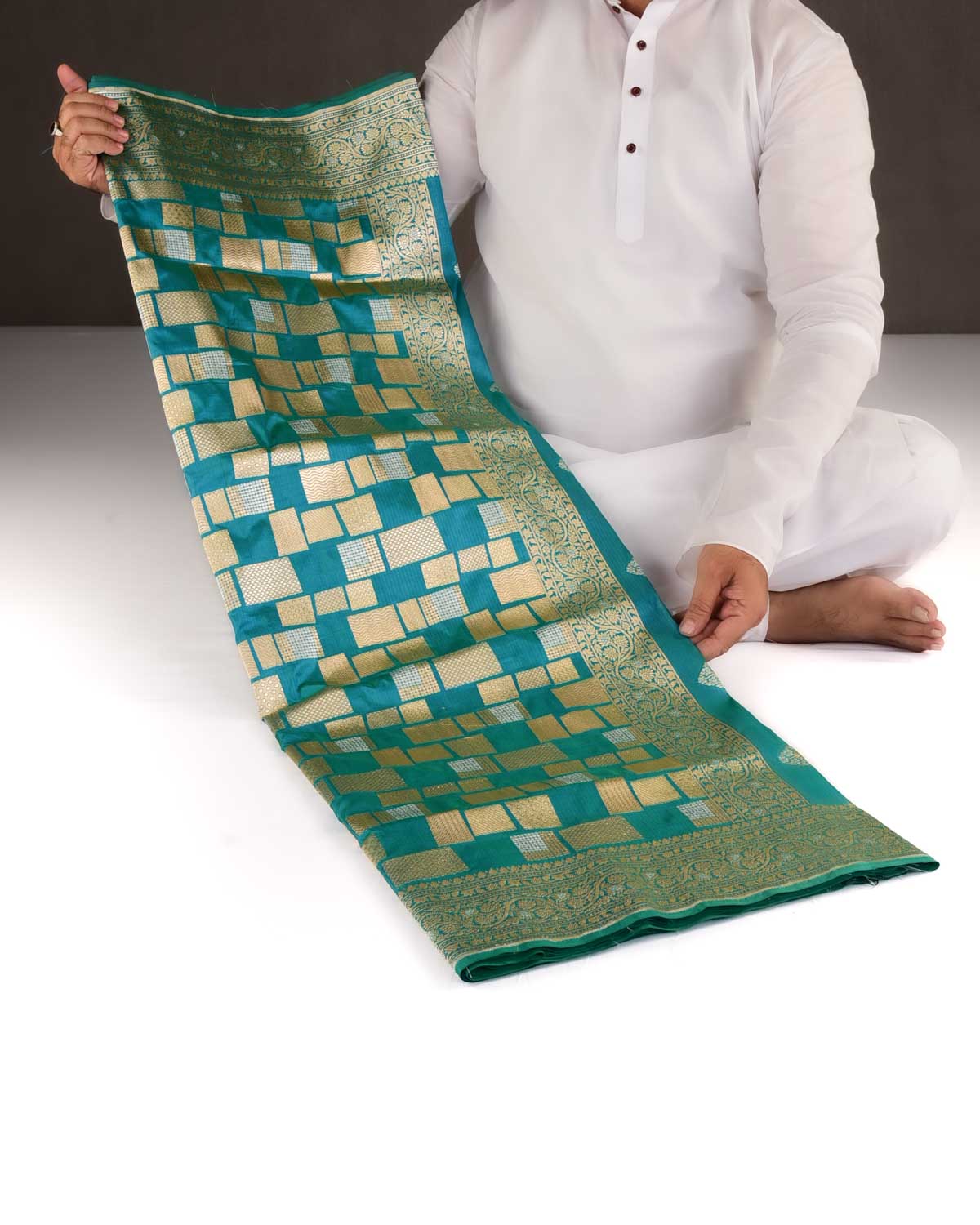 Shot Blue-Green Banarasi Gold & Silver Zari Random Blocks Cutwork Brocade Handwoven Katan Silk Saree-HolyWeaves