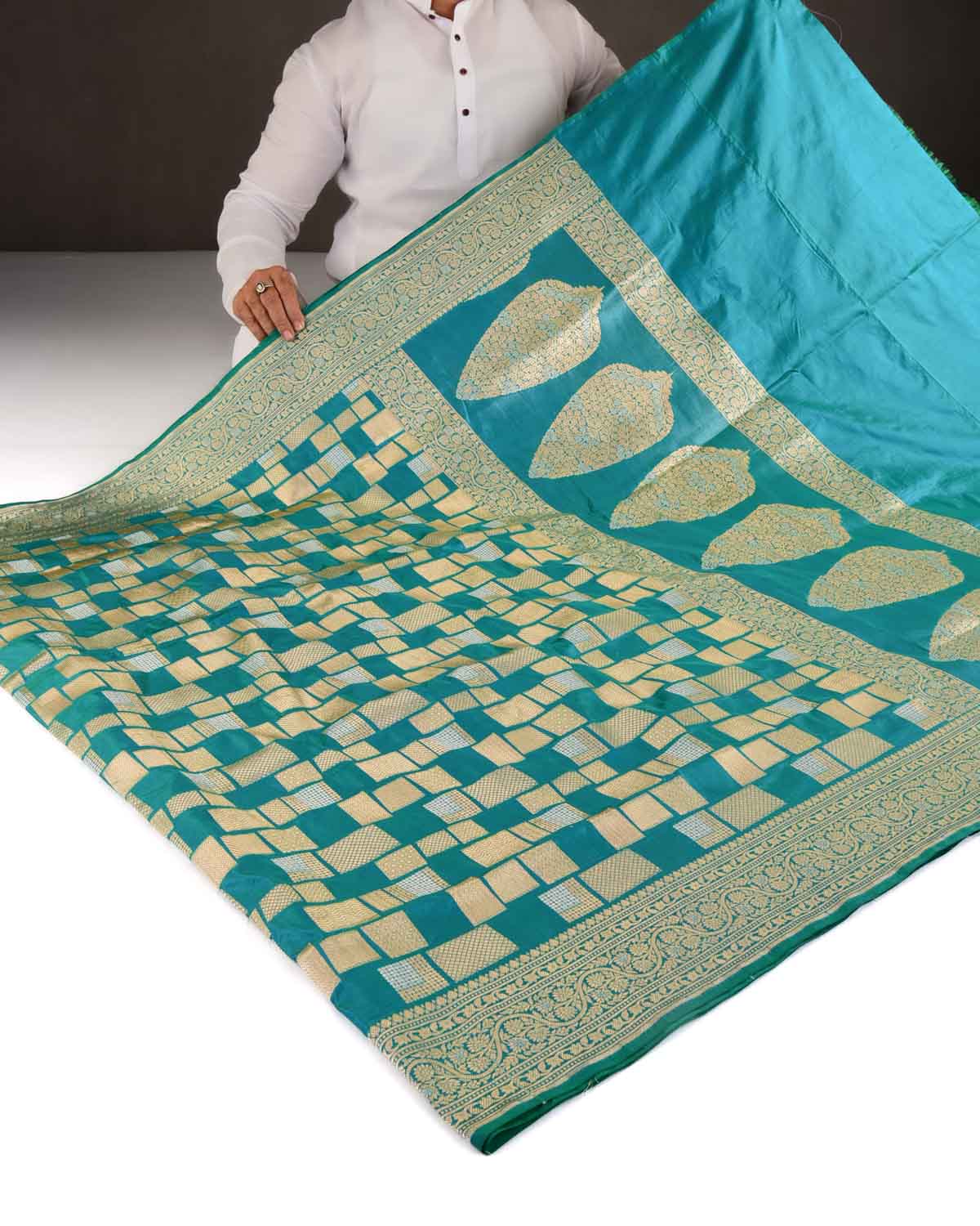 Shot Blue-Green Banarasi Gold & Silver Zari Random Blocks Cutwork Brocade Handwoven Katan Silk Saree-HolyWeaves