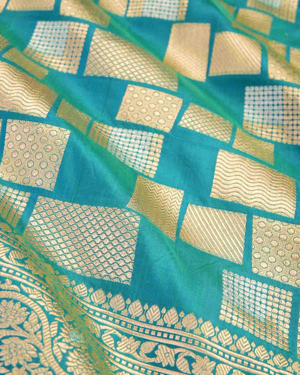 Shot Blue-Green Banarasi Gold & Silver Zari Random Blocks Cutwork Brocade Handwoven Katan Silk Saree-HolyWeaves