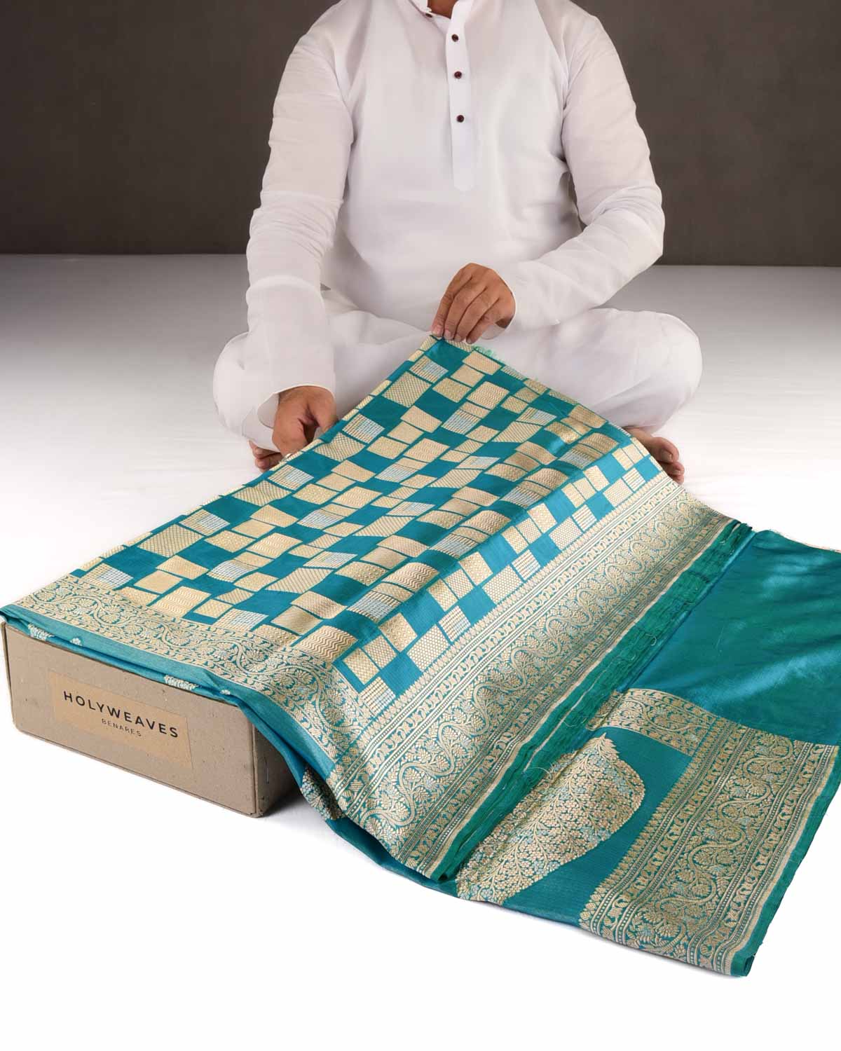 Shot Blue-Green Banarasi Gold & Silver Zari Random Blocks Cutwork Brocade Handwoven Katan Silk Saree-HolyWeaves