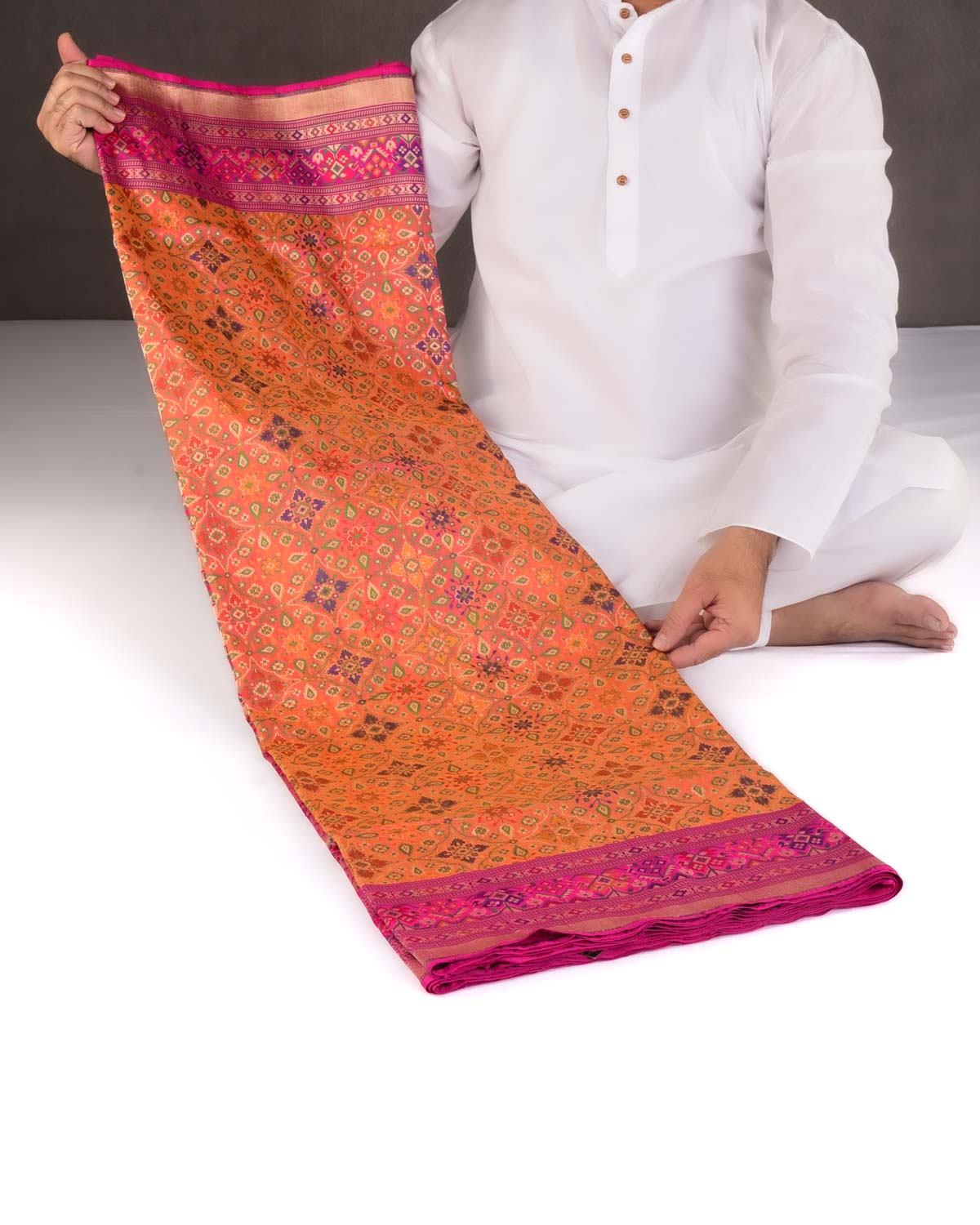 Shot Orange Traditional Patola Tehri Cutwork Brocade Handwoven Katan Silk Banarasi Saree-HolyWeaves