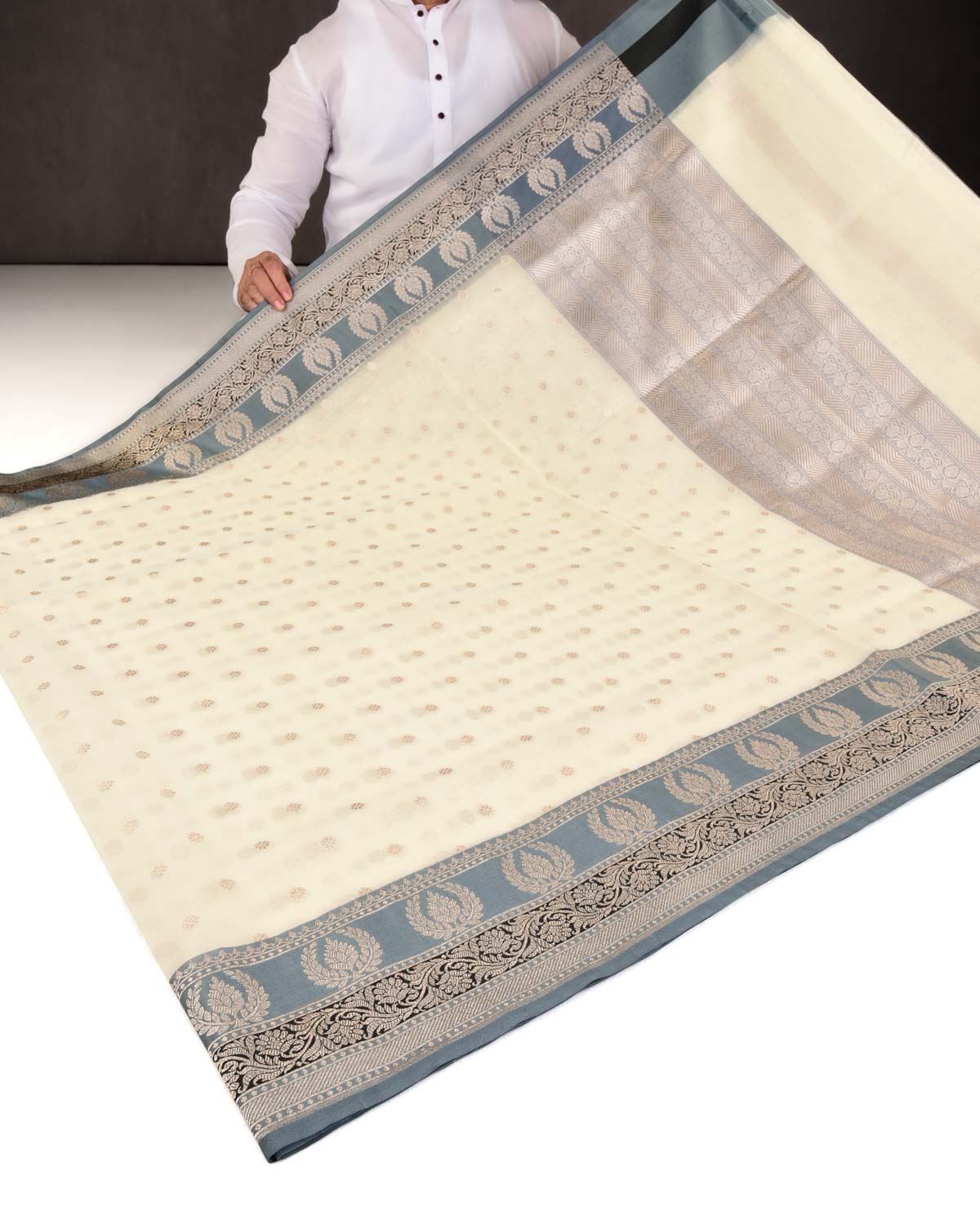 Cream Banarasi Gold Zari Buti Cutwork Brocade Woven Art Kora Silk Saree with Contrast Grey Border Pallu-HolyWeaves