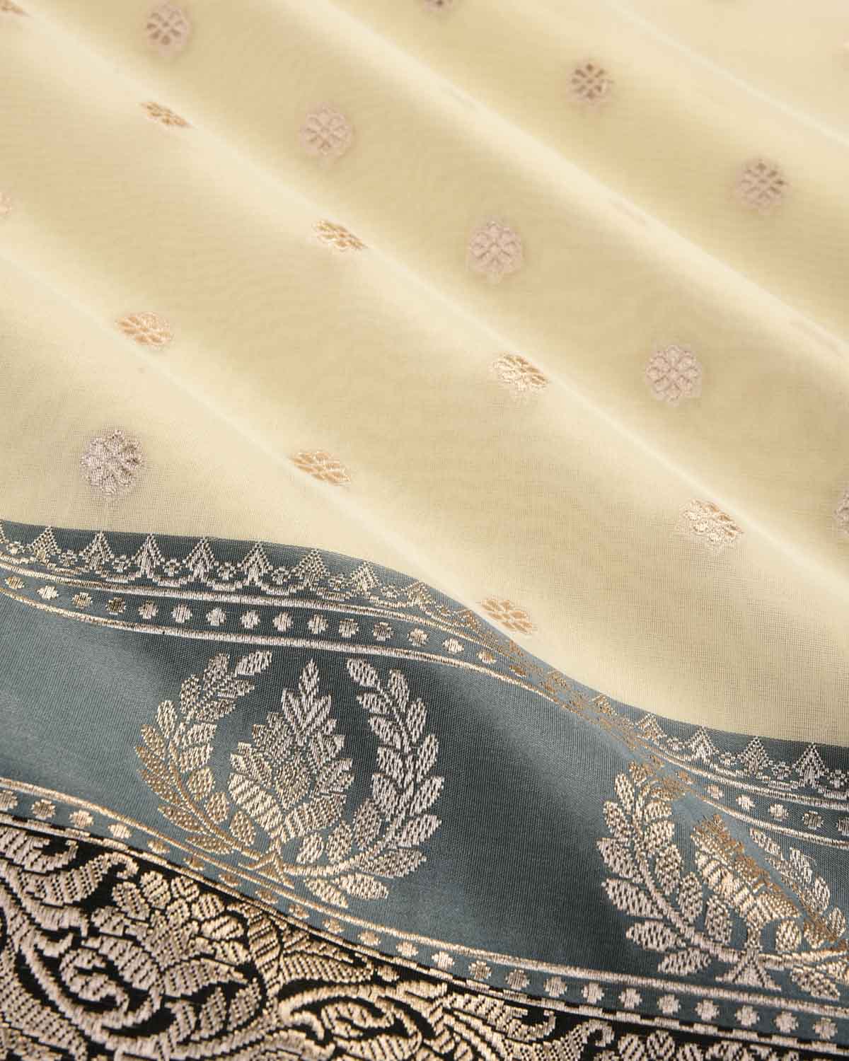 Cream Banarasi Gold Zari Buti Cutwork Brocade Woven Art Kora Silk Saree with Contrast Grey Border Pallu-HolyWeaves