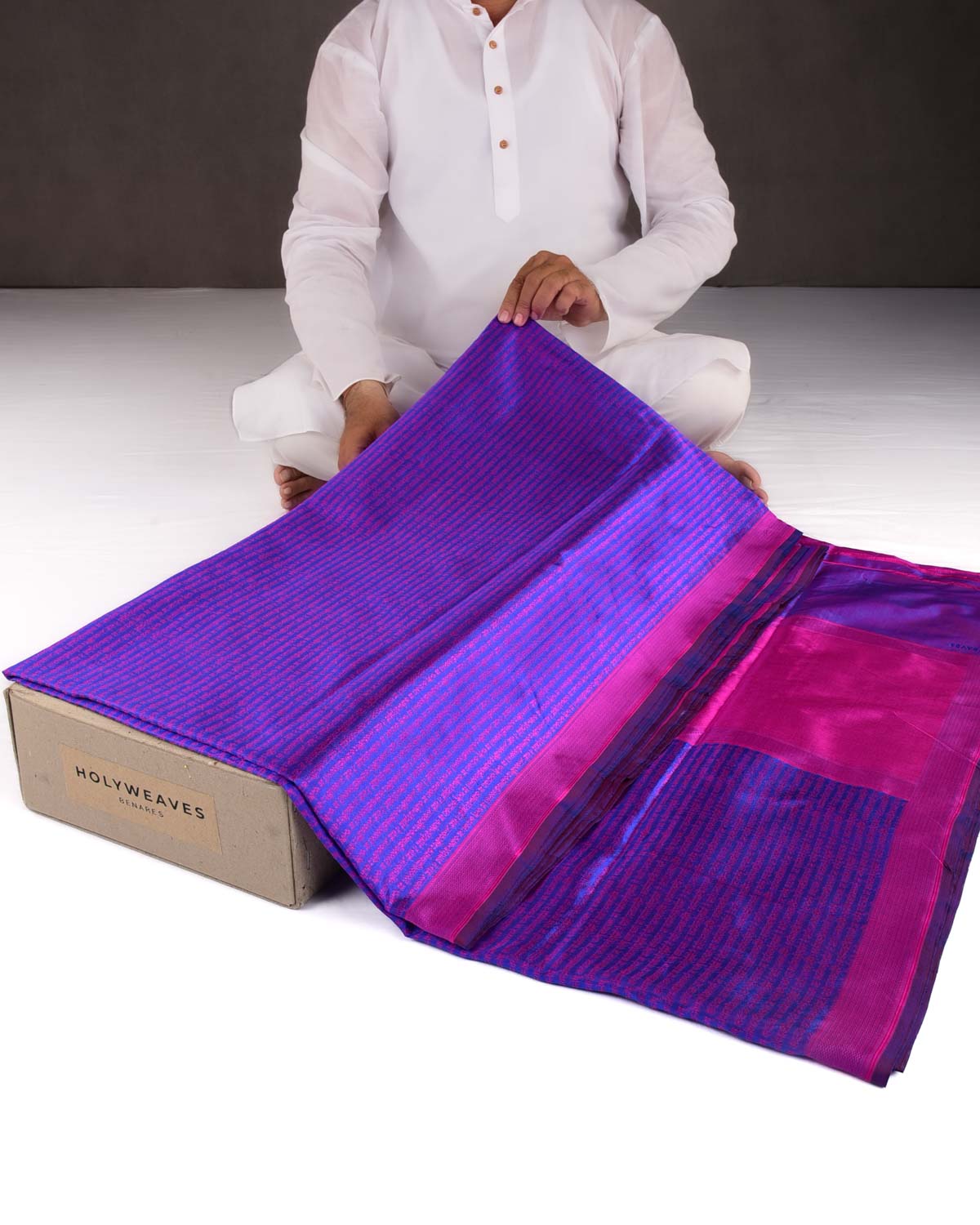 Shot Blue Banarasi Pink Resham Geeta Shlok 2.47 Brocade Handwoven Katan Silk Saree-HolyWeaves