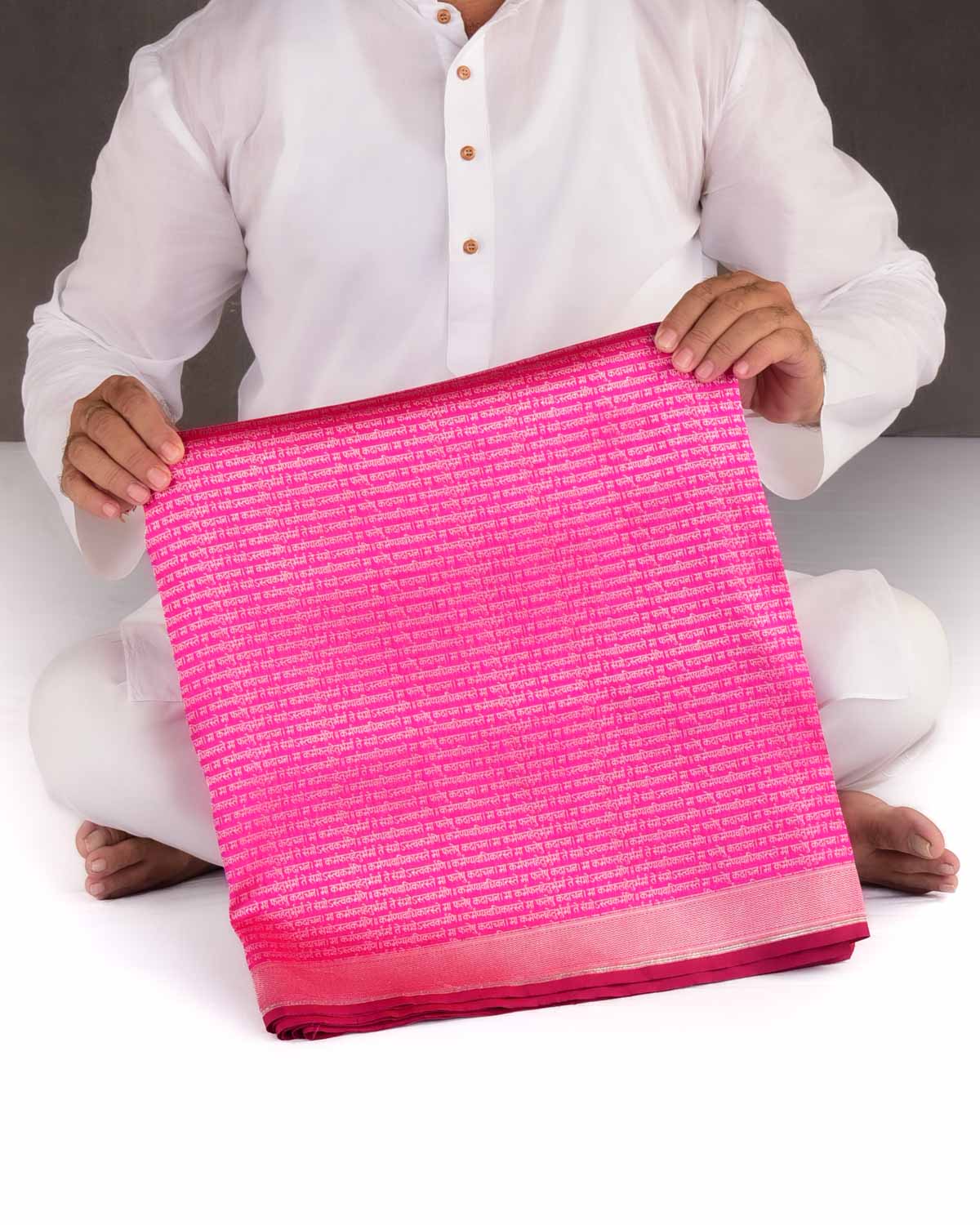 Shot Rani Pink Banarasi Silver Zari Geeta Shlok 2.47 Brocade Handwoven Katan Silk Saree-HolyWeaves