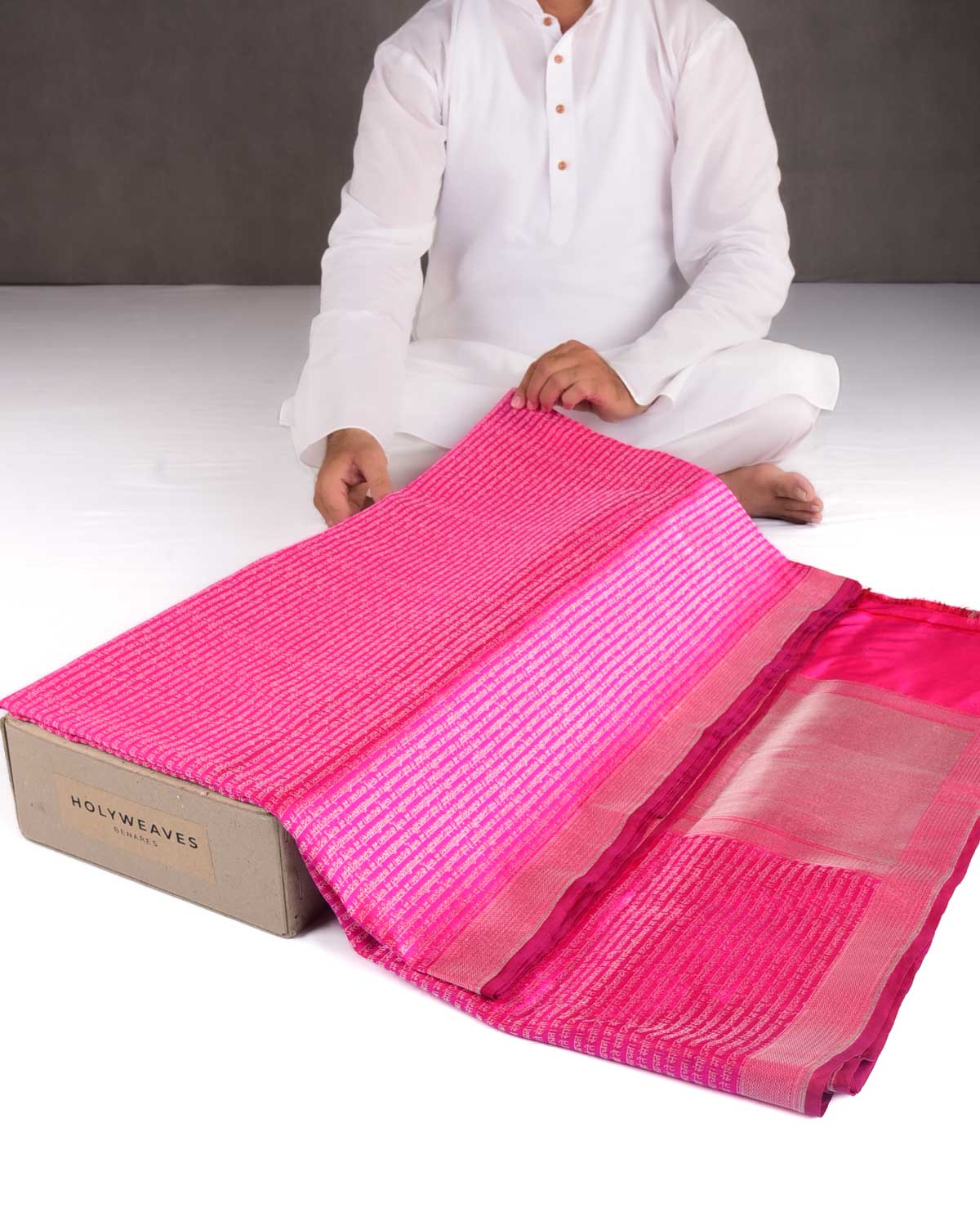 Shot Rani Pink Banarasi Silver Zari Geeta Shlok 2.47 Brocade Handwoven Katan Silk Saree-HolyWeaves