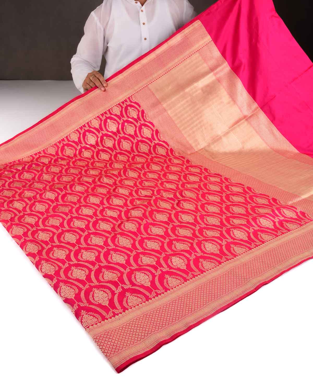 Shot Red-Pink Banarasi Gold Zari Classic Jaal Cutwork Brocade Handwoven Katan Silk Saree-HolyWeaves