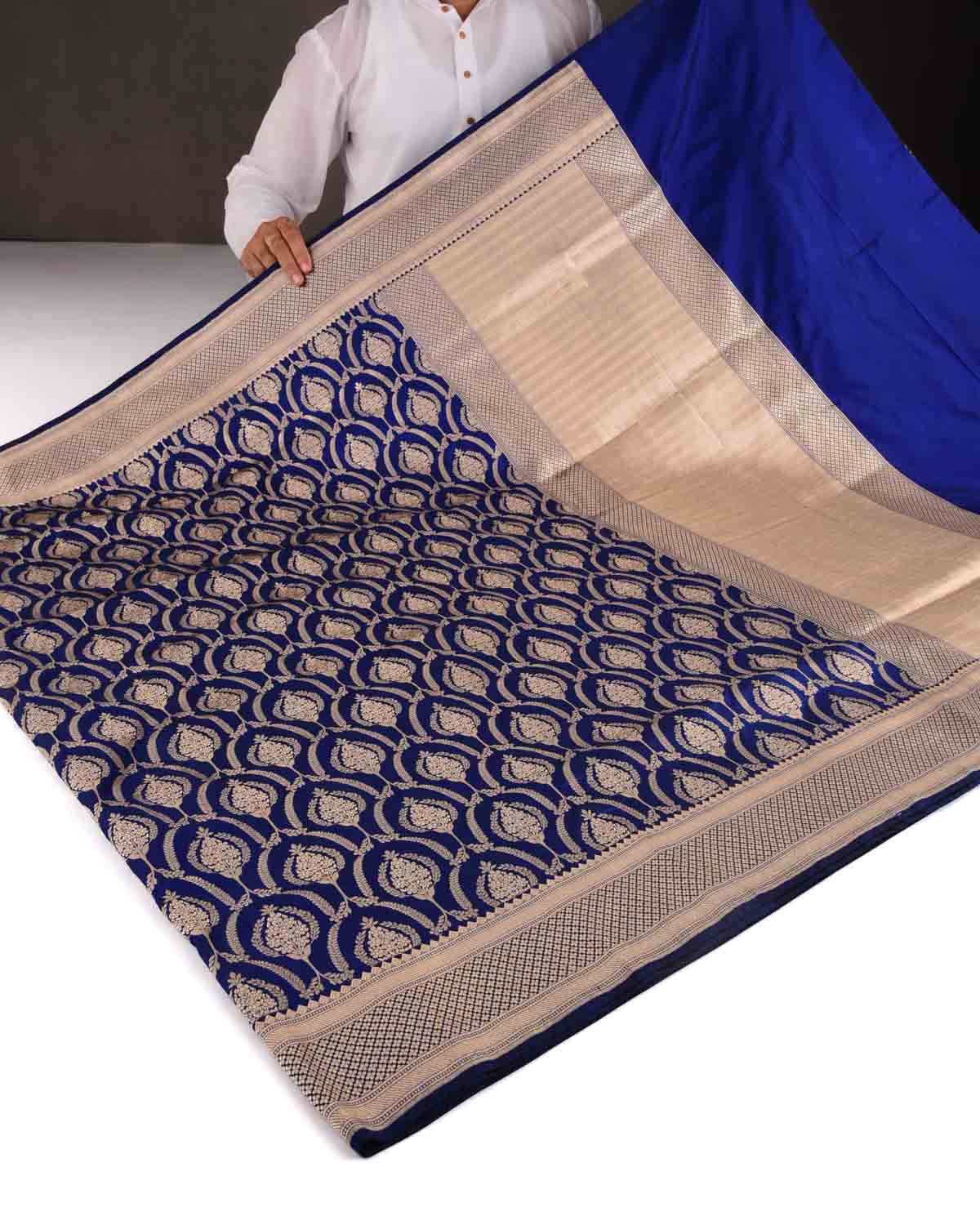 Royal Blue Banarasi Gold Zari Classic Jaal Cutwork Brocade Handwoven Katan Silk Saree-HolyWeaves