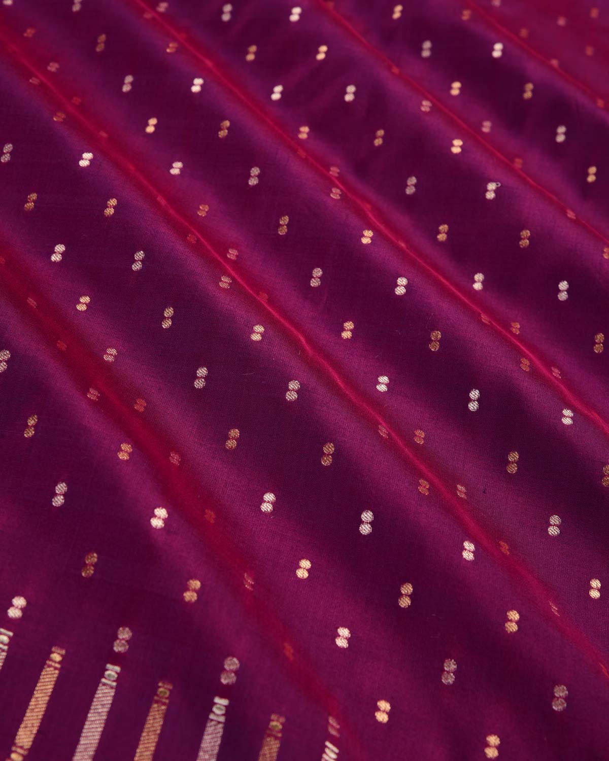 Shot Magenta Banarasi Gold & Silver Zari Duet Polka Buti Cutwork Brocade Handwoven Katan Silk Saree with Gita Shlok Blouse-HolyWeaves