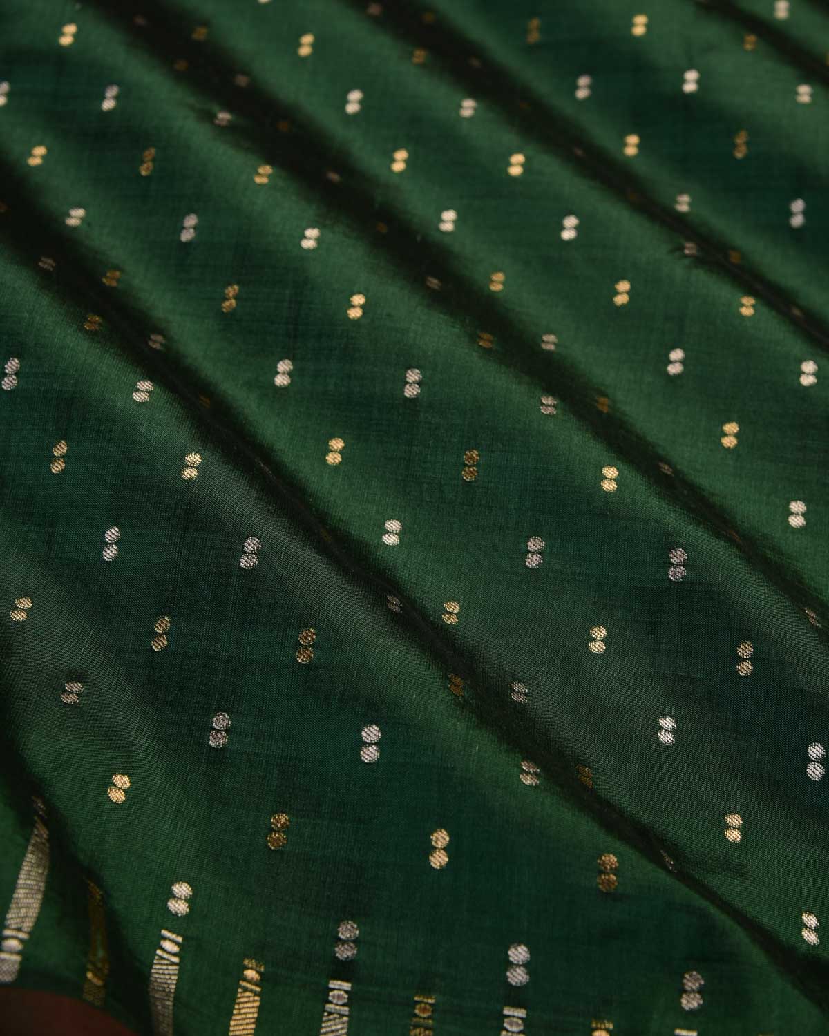 Midnight Green Banarasi Gold & Silver Zari Duet Polka Buti Cutwork Brocade Handwoven Katan Silk Saree with Gita Shlok Blouse-HolyWeaves