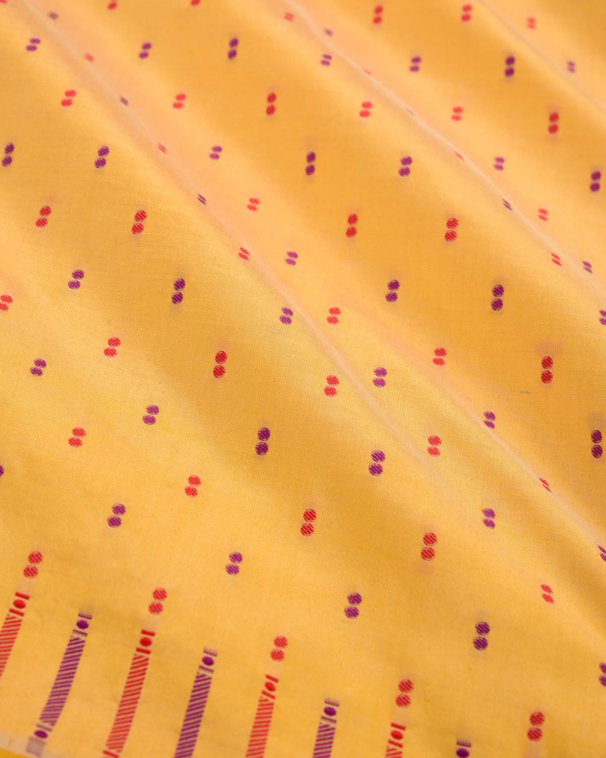 Yellow Banarasi Pink & Purple Resham Duet Polka Buti Cutwork Brocade Handwoven Katan Silk Saree with Gita Shlok Blouse-HolyWeaves