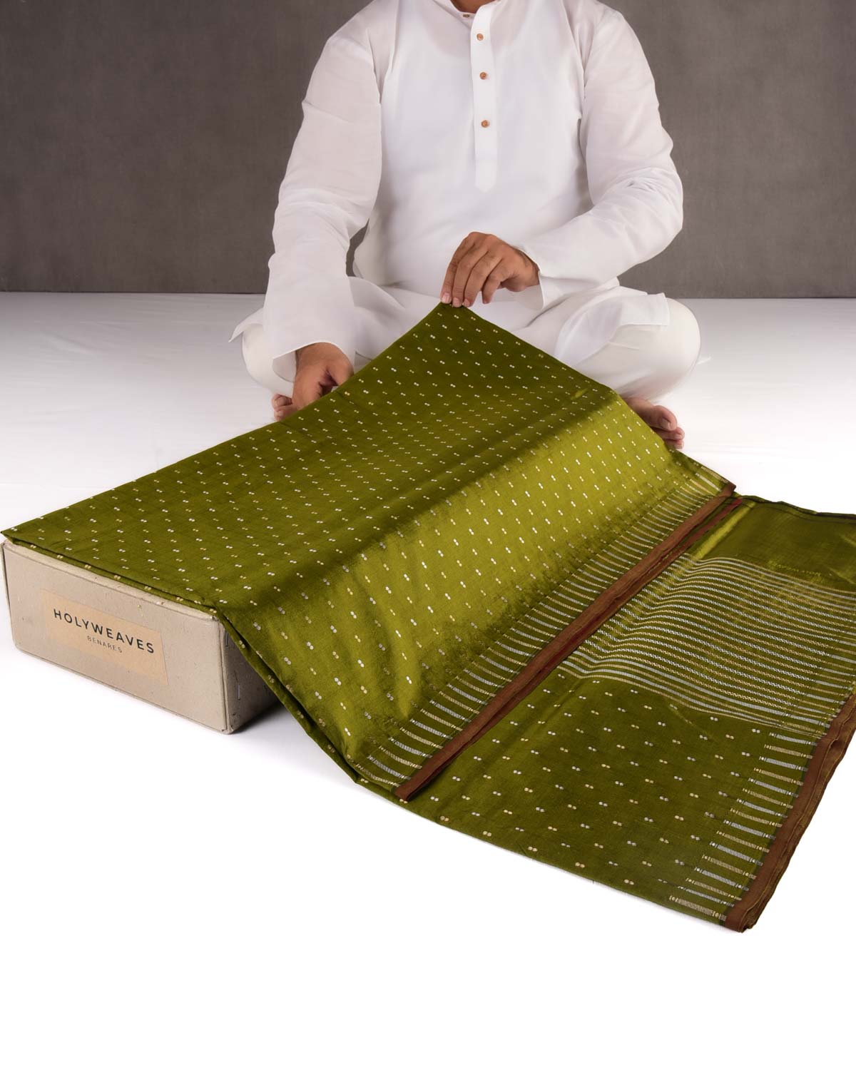 Olive Green Banarasi Gold & Silver Zari Duet Polka Buti Cutwork Brocade Handwoven Katan Silk Saree with Gita Shlok Blouse-HolyWeaves