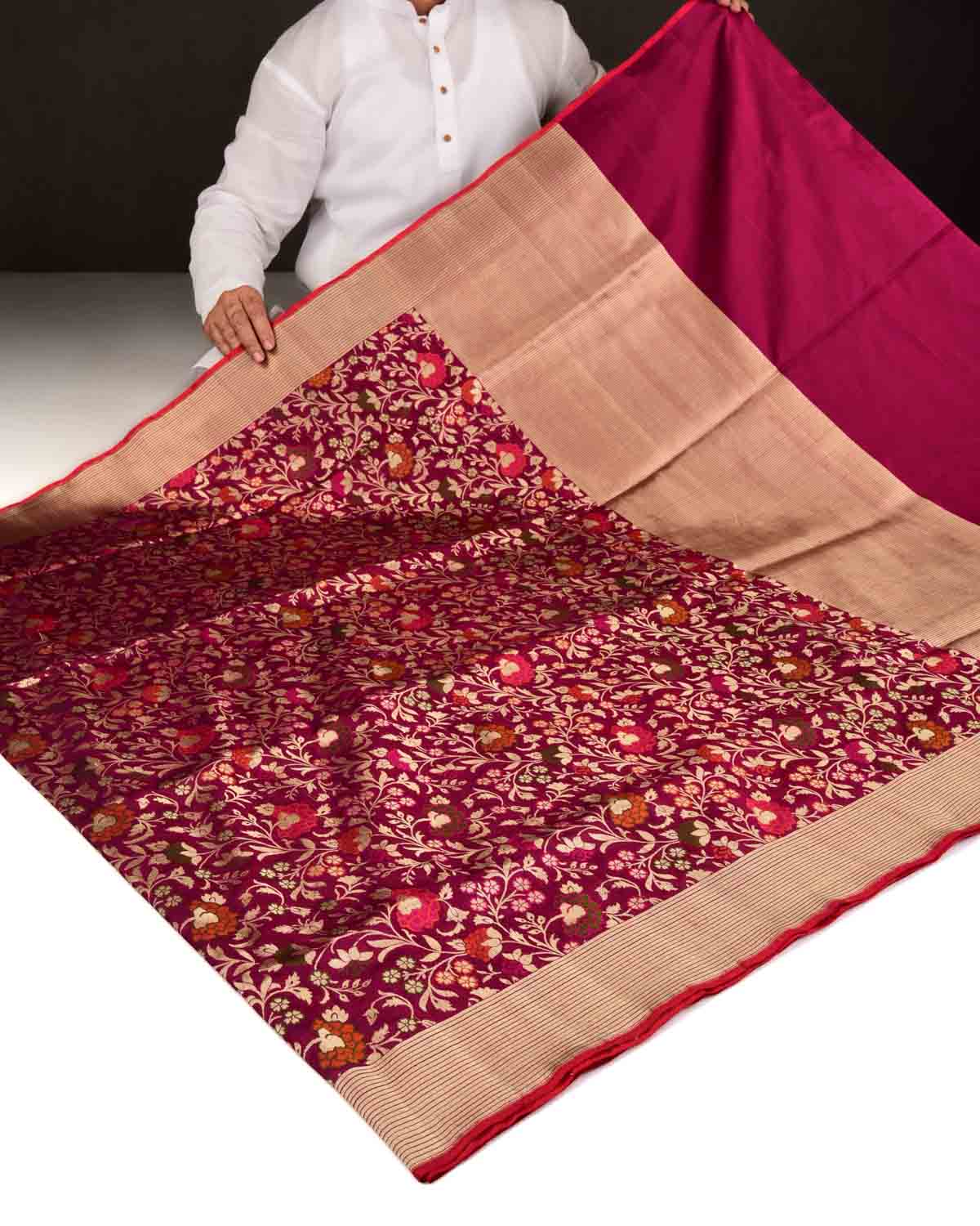 Magenta Banarasi Gold Zari And Resham Tehra Floral Jaal Cutwork Brocade Handwoven Katan Silk Saree-HolyWeaves