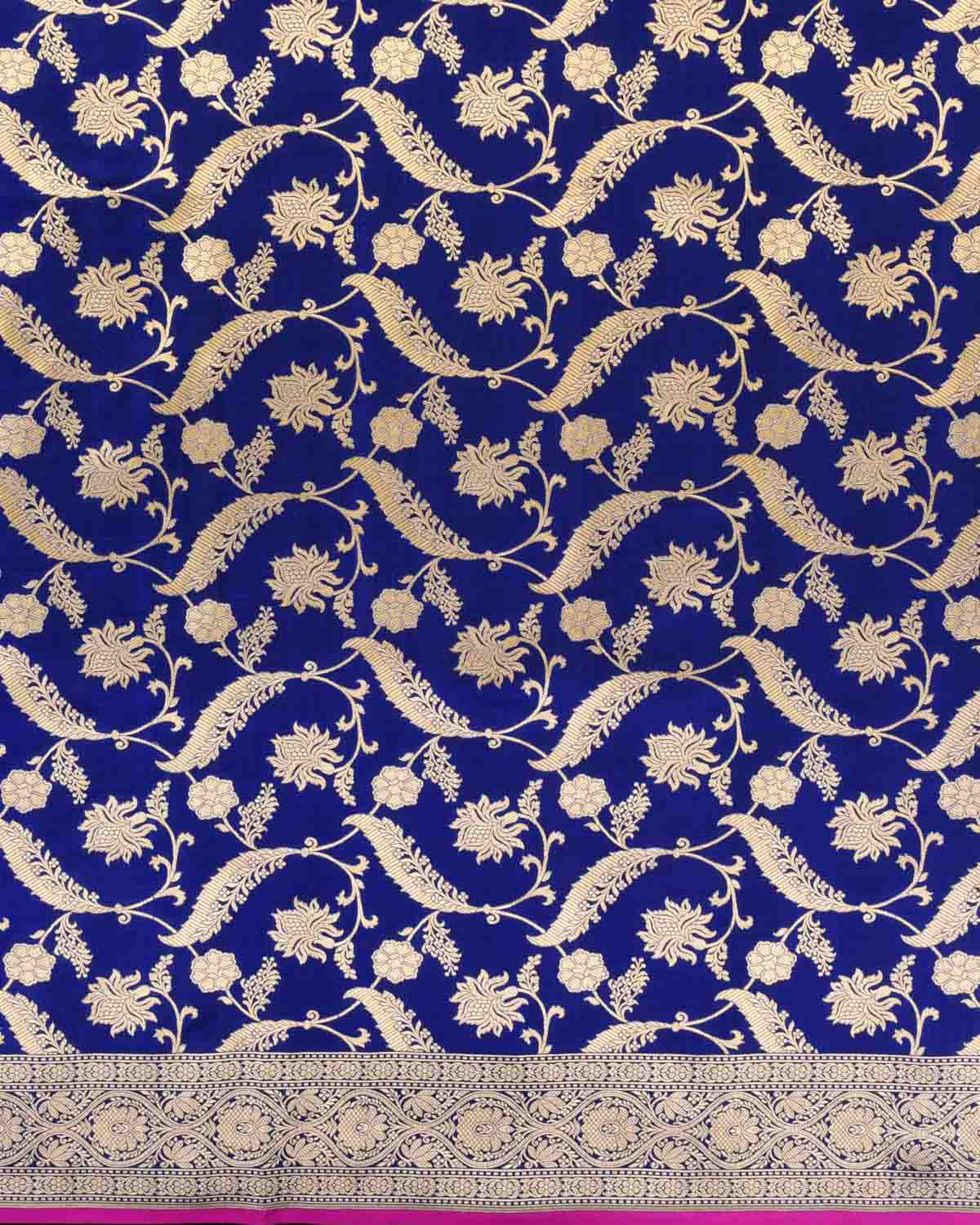 Royal Blue Banarasi Gold Zari Floral Jaal Cutwork Brocade Handwoven Katan Silk Saree-HolyWeaves