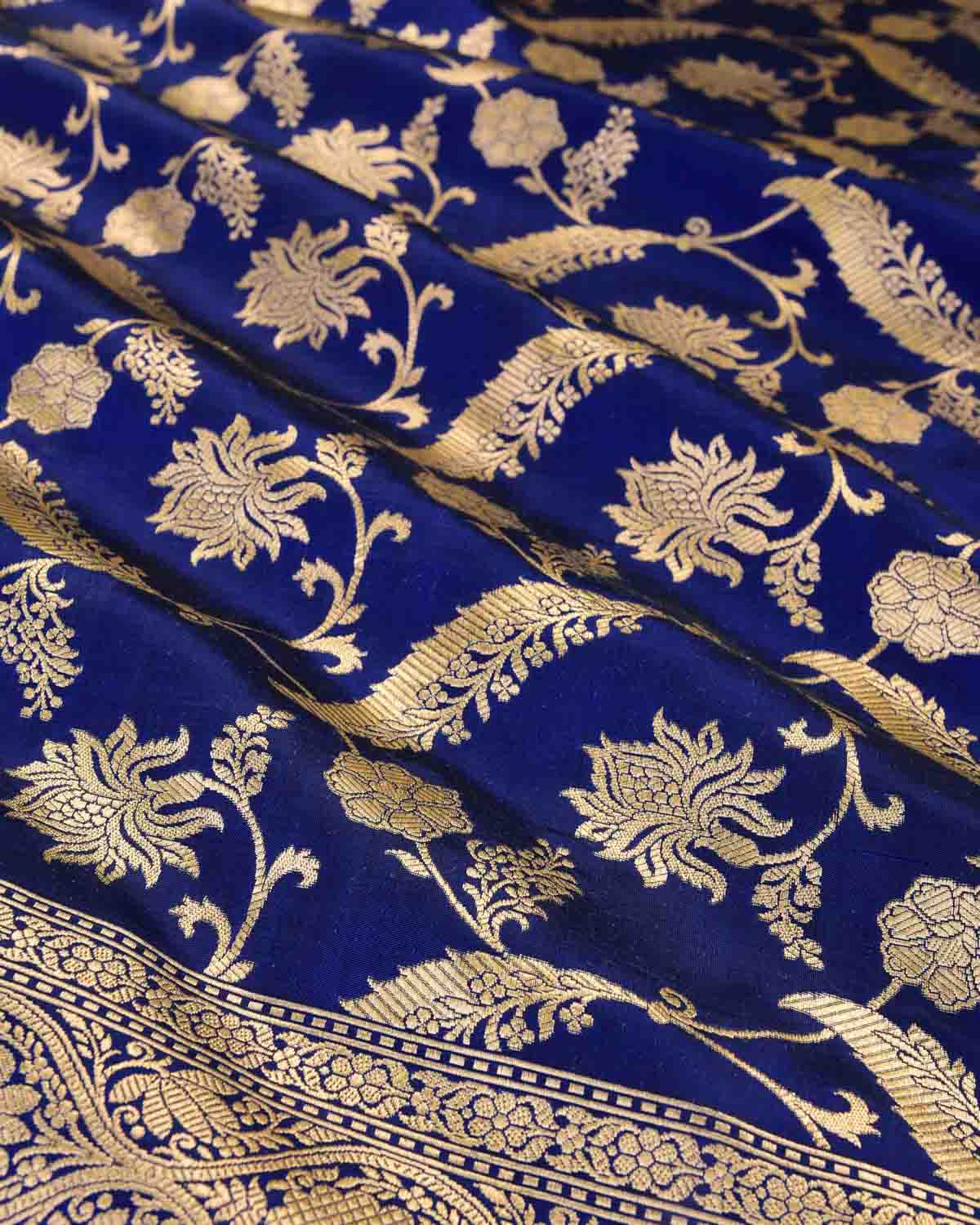 Royal Blue Banarasi Gold Zari Floral Jaal Cutwork Brocade Handwoven Katan Silk Saree-HolyWeaves