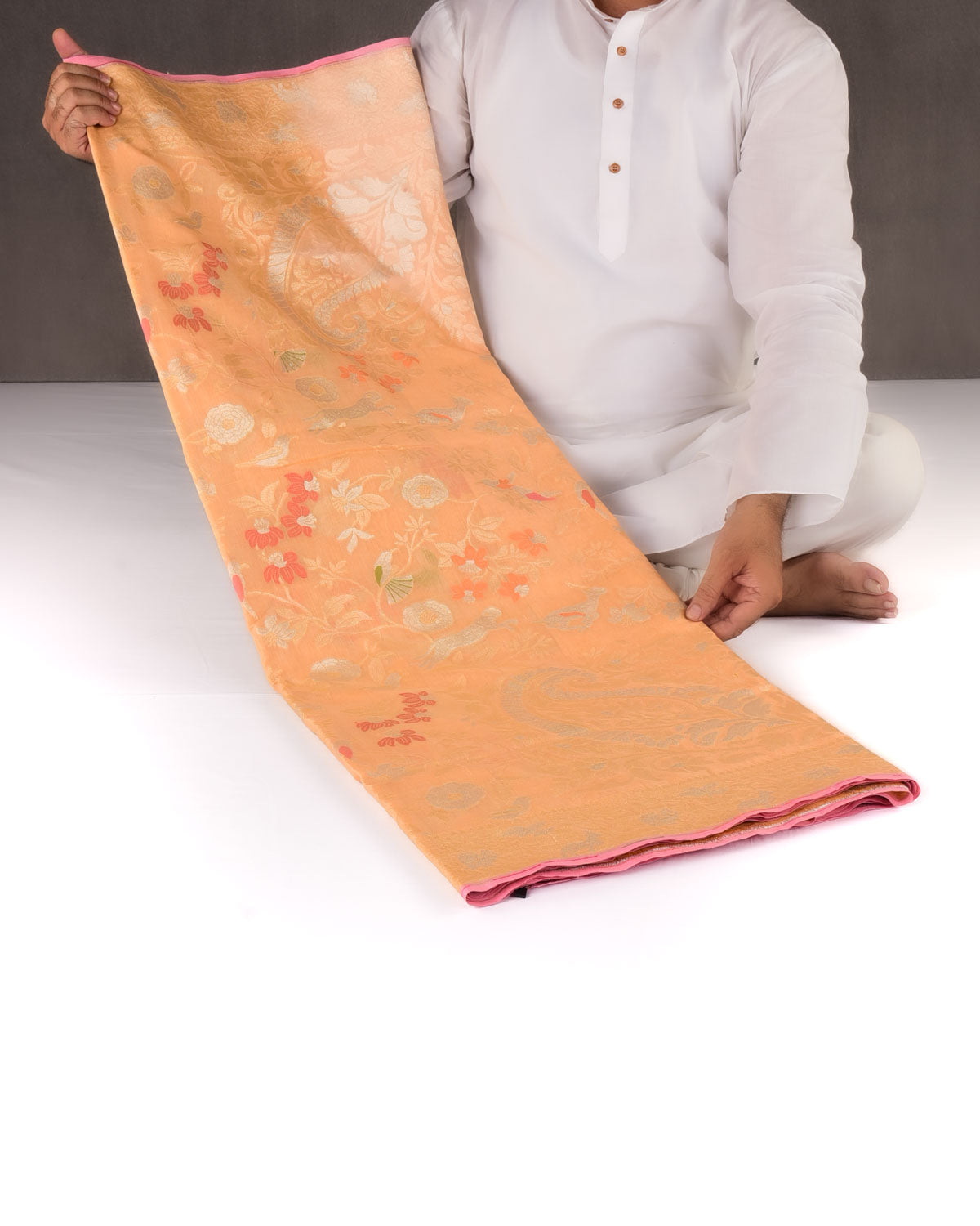 Peach Banarasi Ektara Shikargah Cutwork Brocade Handwoven Handloom Cotton Saree with Koniya Buta-HolyWeaves