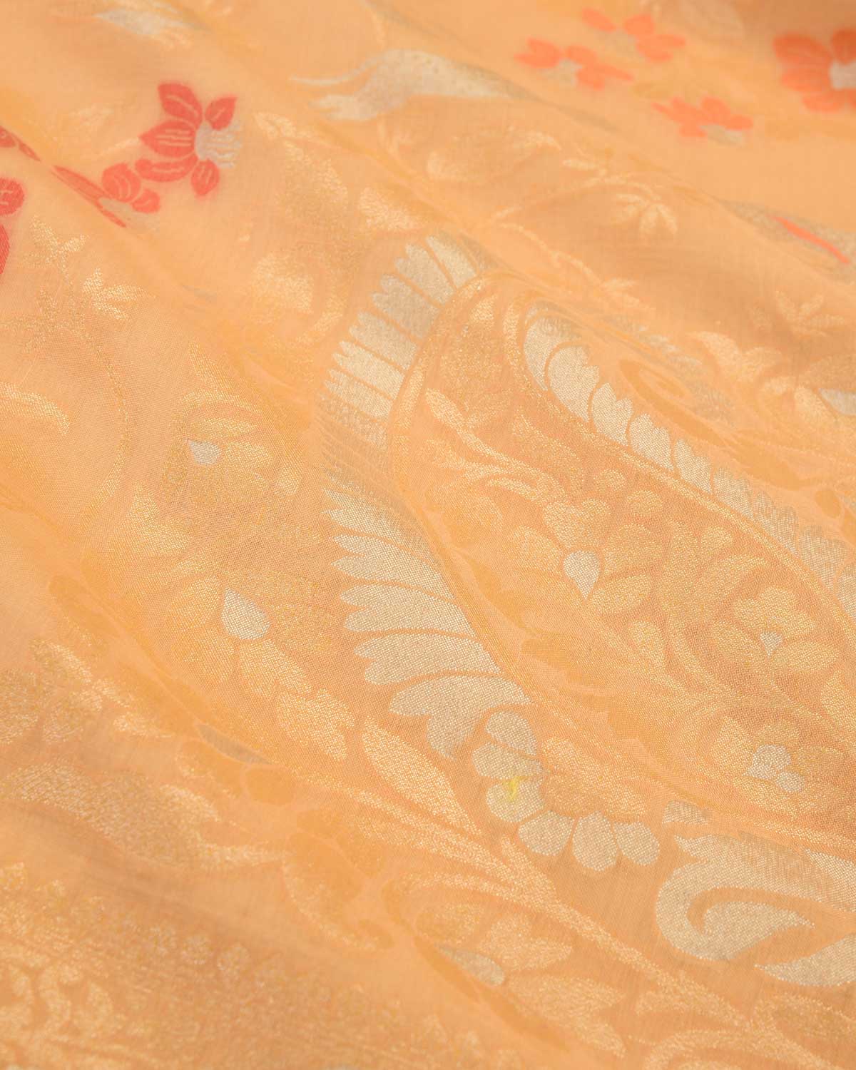 Peach Banarasi Ektara Shikargah Cutwork Brocade Handwoven Handloom Cotton Saree with Koniya Buta-HolyWeaves