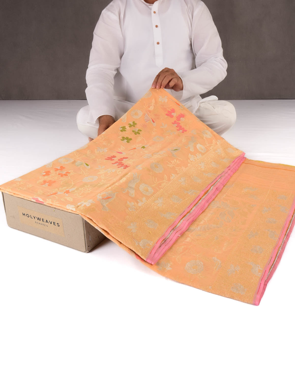 Peach Banarasi Ektara Shikargah Cutwork Brocade Handwoven Handloom Cotton Saree with Koniya Buta-HolyWeaves